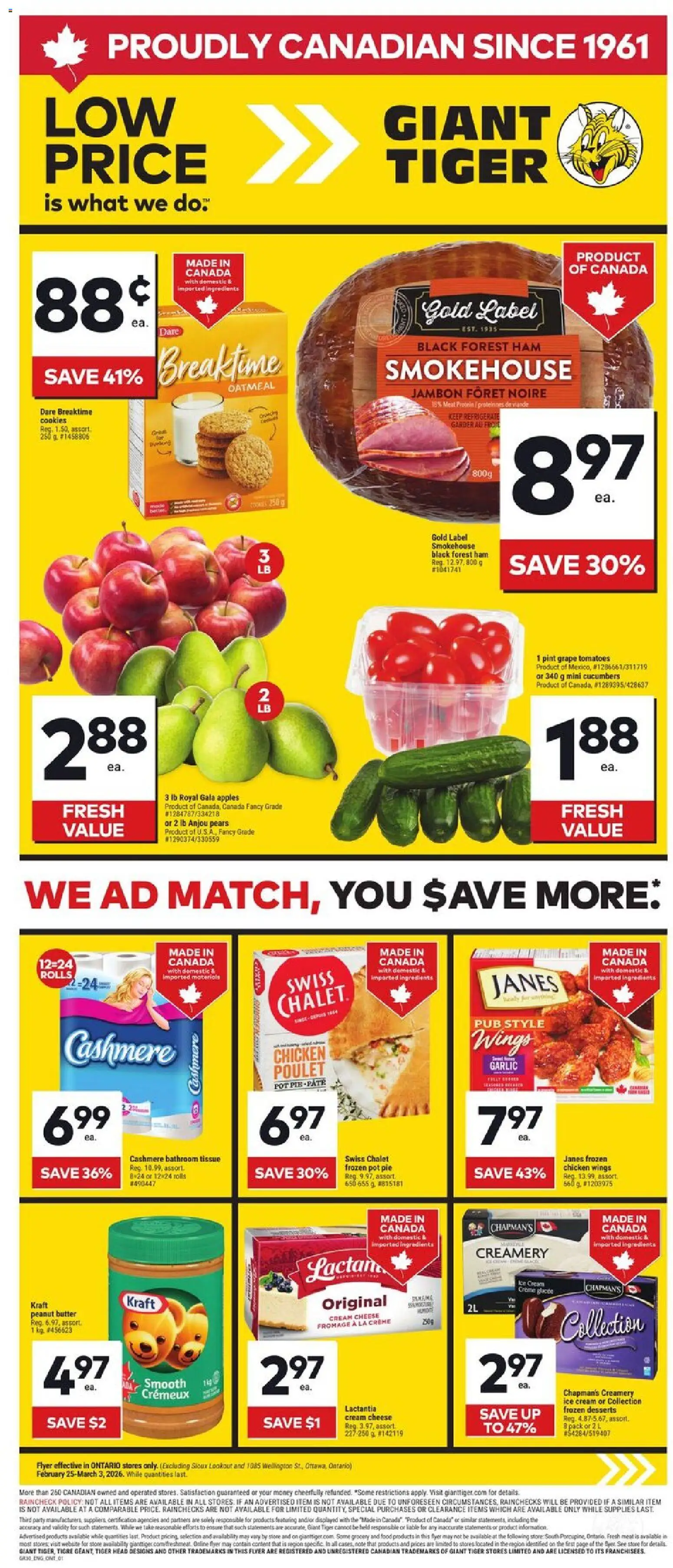 Giant Tiger flyer valid from 25.02.2026 | Page: 1 | Products: Cream, Ice cream, Butter, Apples