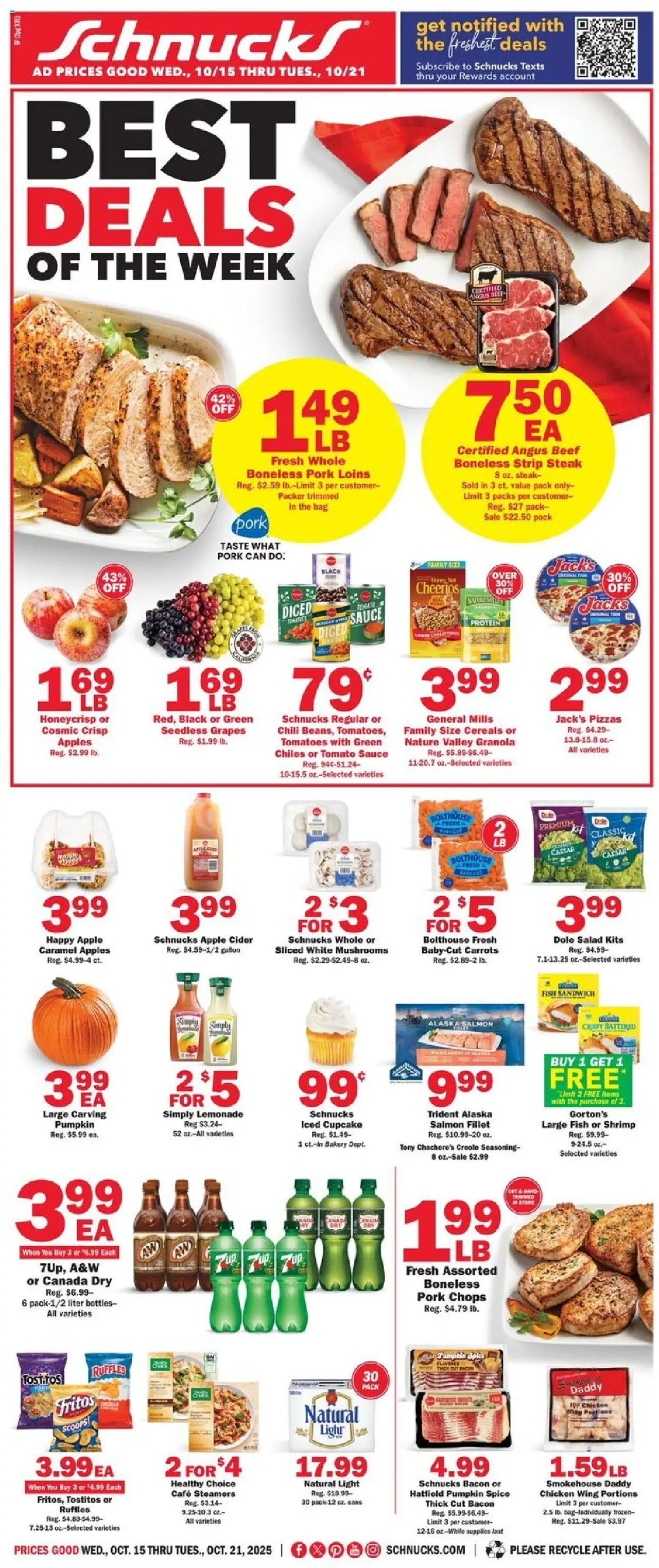 Schnucks Weekly Print Ad - IN - valid from 15.10.2025 | Page: 1 | Products: Pork, Pumpkin, Grapes, Bag