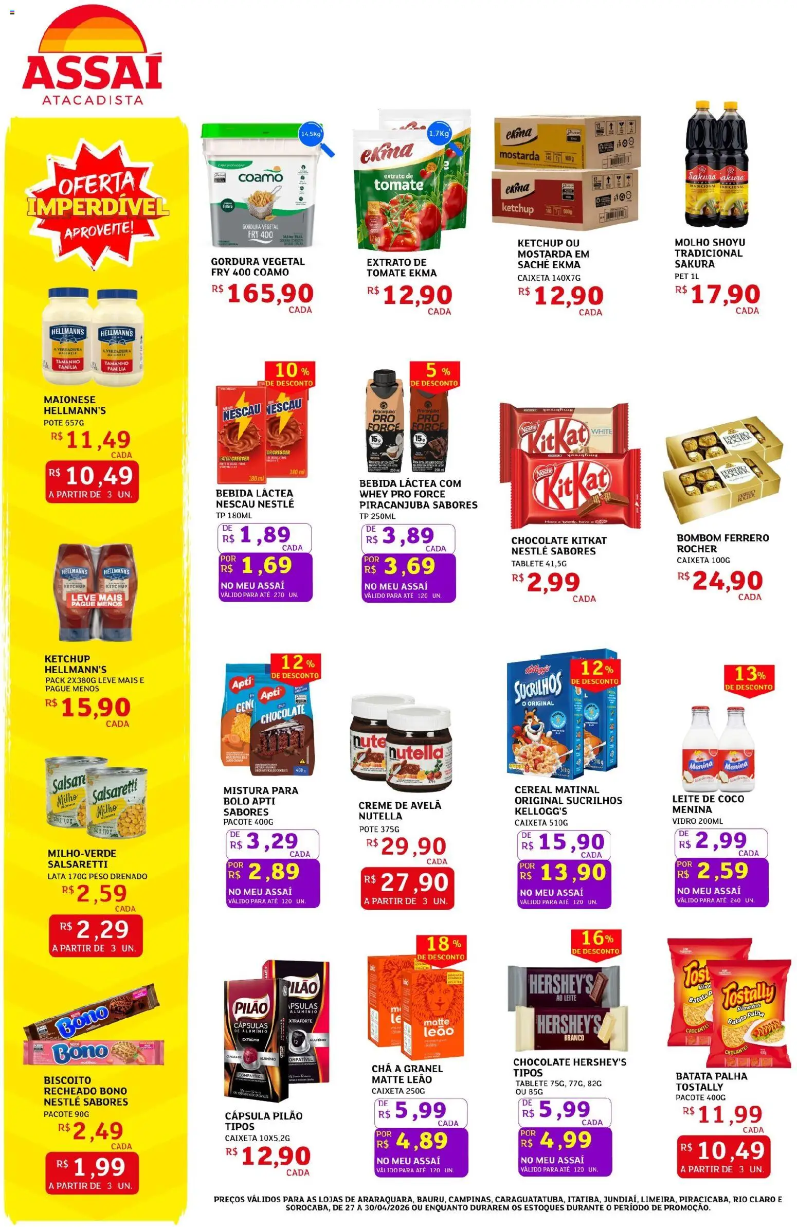 Assaí Atacadista Folheto - válido de 27.04.2026 | Página: 2 | Produtos: Molho shoyu, Creme, Bebida, Creme de avelã