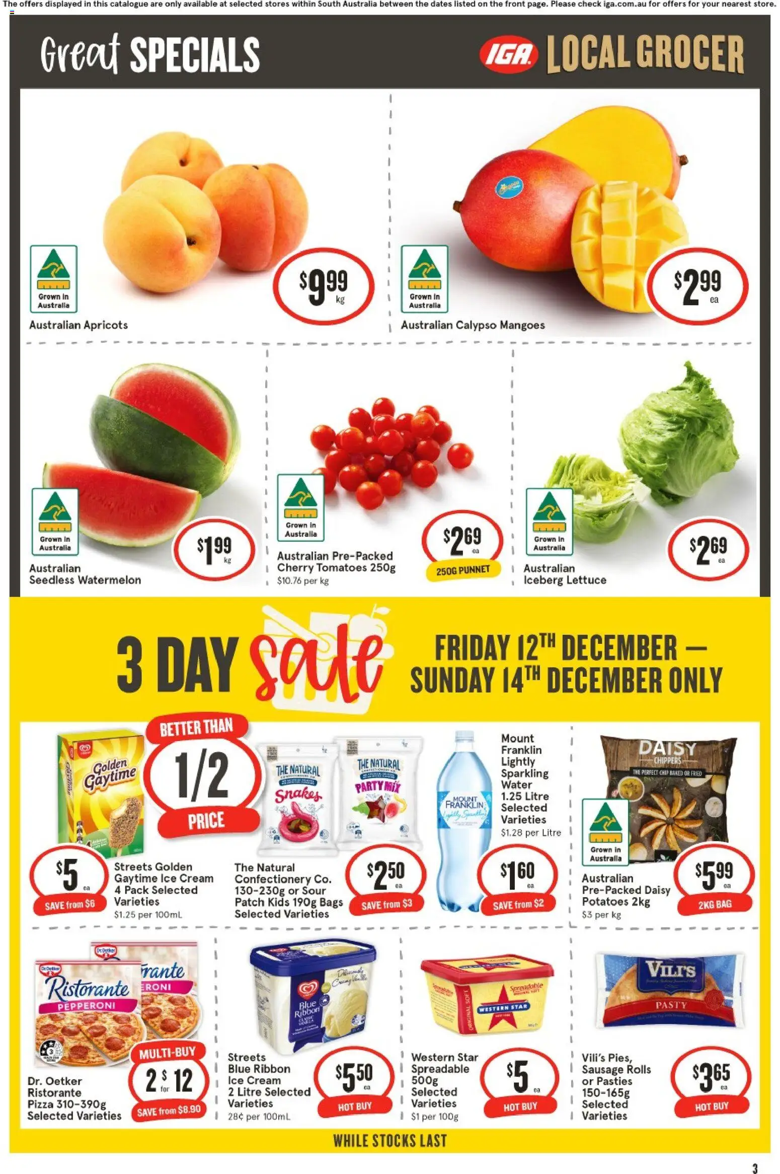 IGA catalogue - valid from 10.12.2025 | Page: 3 | Products: Lettuce, Tomatoes, Sausage, Watermelon
