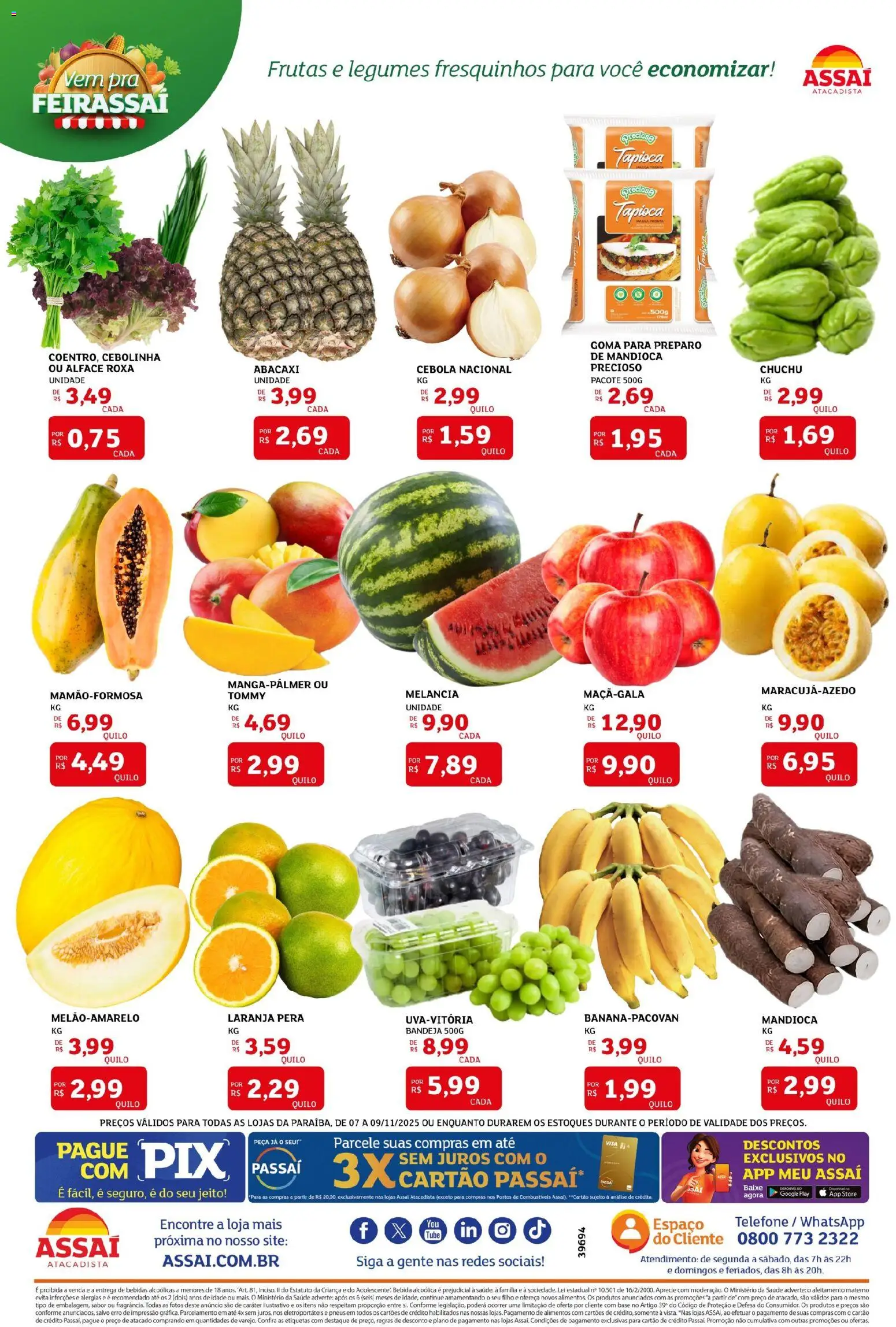 Assaí Atacadista Folheto - válido de 07.11.2025 | Página: 3 | Produtos: Pera, Cebola, Mandioca, Bebida