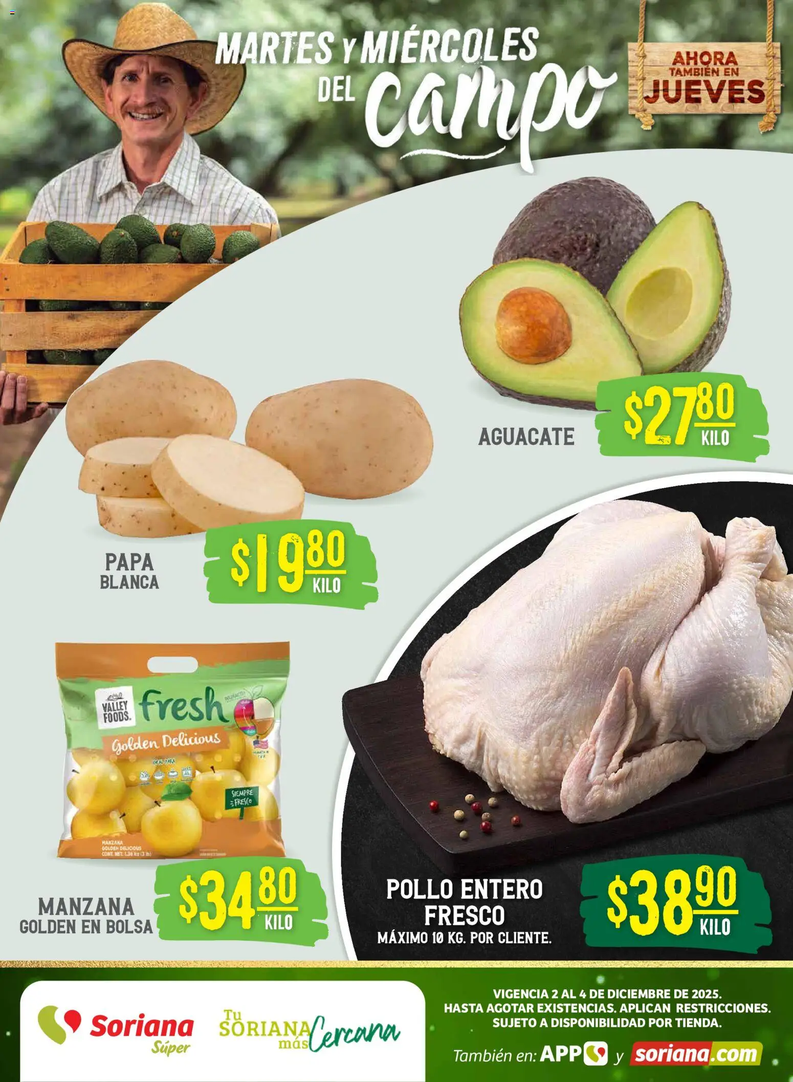 Nuevas ofertas de Soriana válidas en toda la República Mexicana desde el 02.12.2025. ¡Encuentra las mejores ofertas en Soriana - Martes y Miércoles del Campo Súper: Tijuana, Mexicali, Ensenada, San Luis Río Colorado y Tecate! | Página: 1 | Productos: Pollo, Papa, Manzana, Aguacate