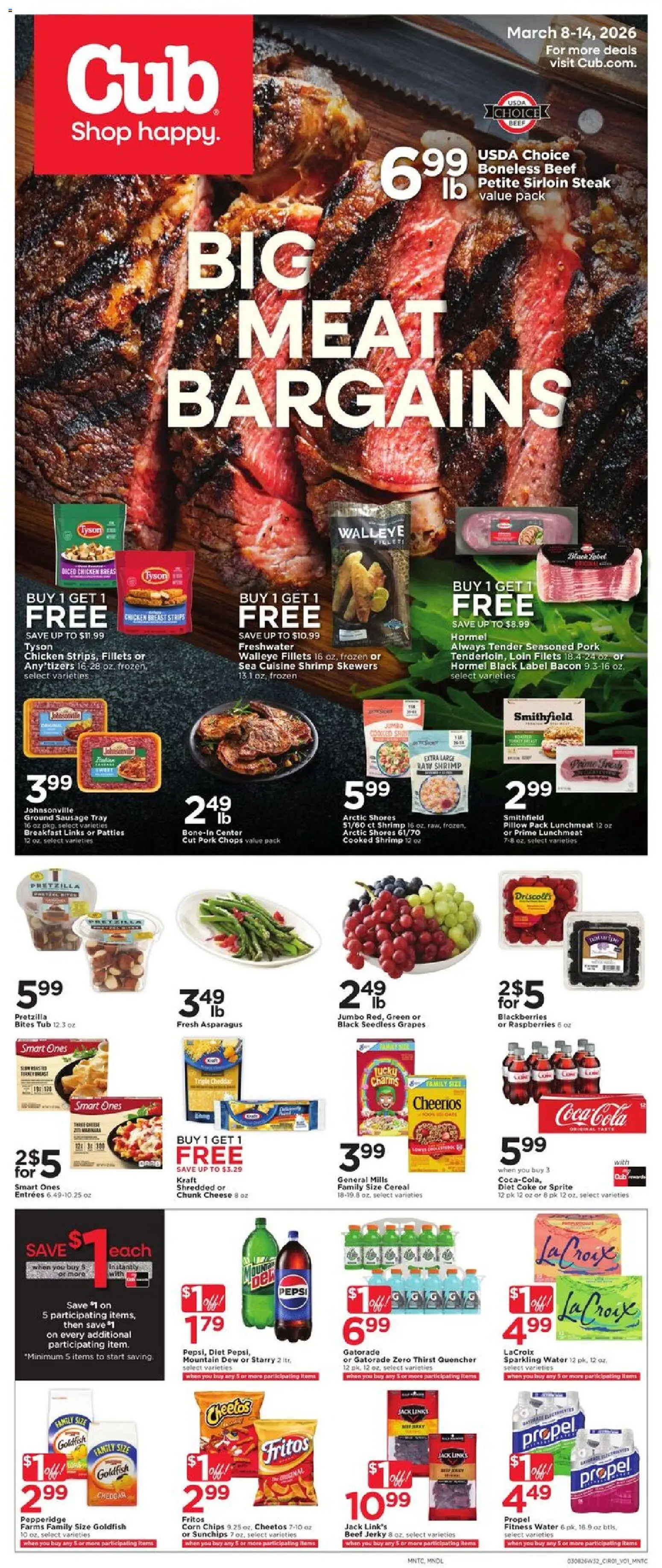 Cub Foods Weekly Ad - valid from 08.03.2026 | Page: 1 | Products: Cheese, Water, Sausage, Grapes