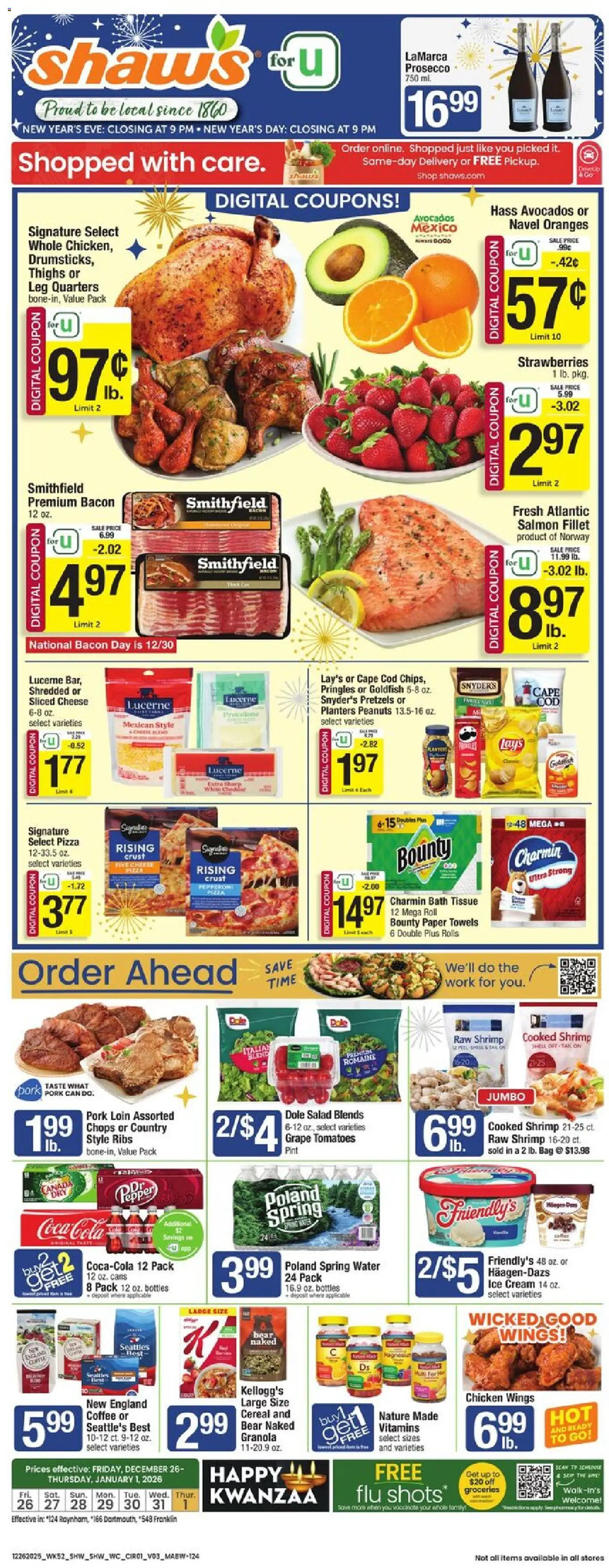 Shaw's Weekly Ad - MA - valid from 26.12.2025 | Page: 1 | Products: Romaine, Cheese, Ice cream, Bag