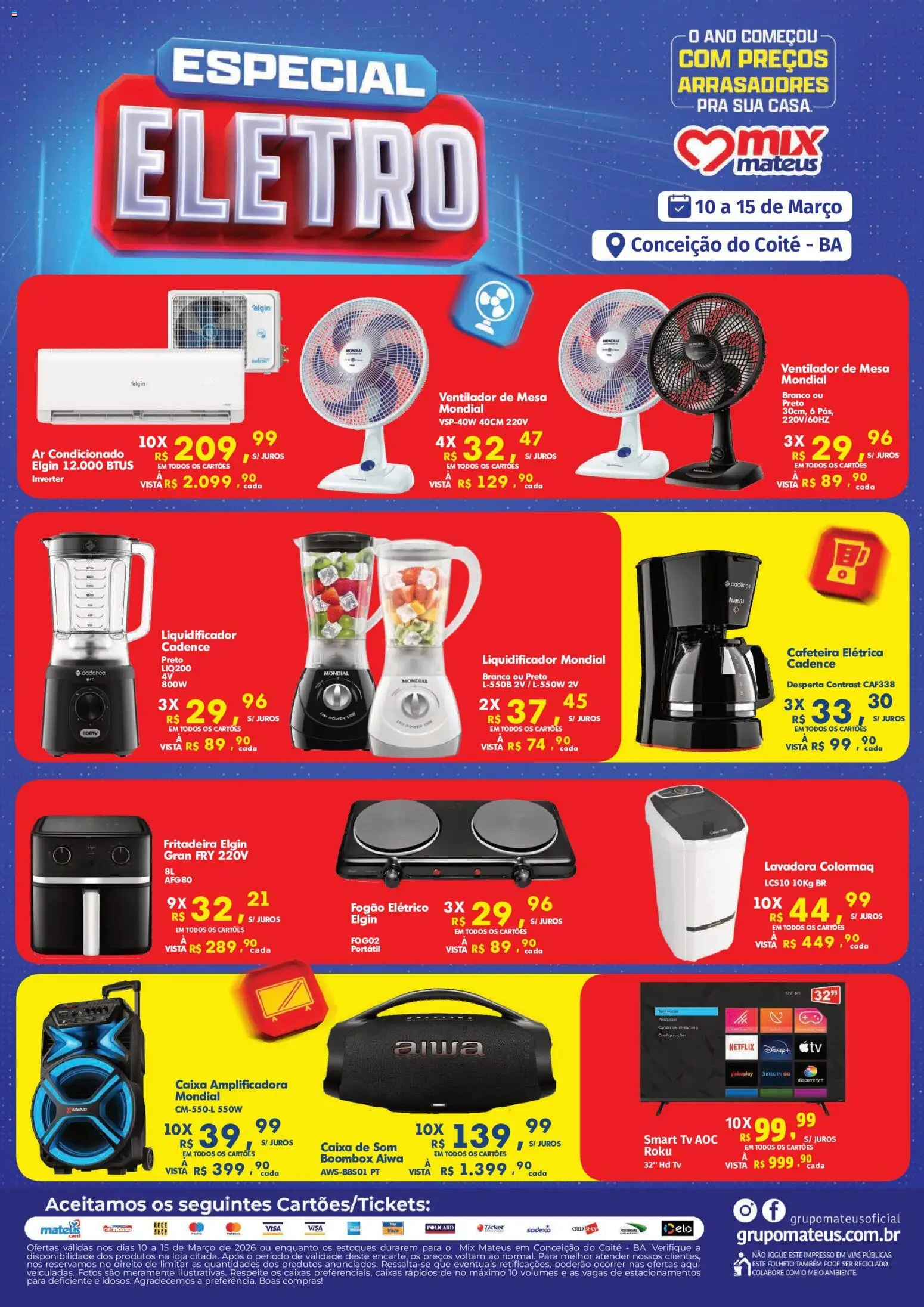 Mateus Folheto - válido de 10.03.2026 | Página: 1 | Produtos: Caixa de som, Ventilador de mesa, Cafeteira, Mesa