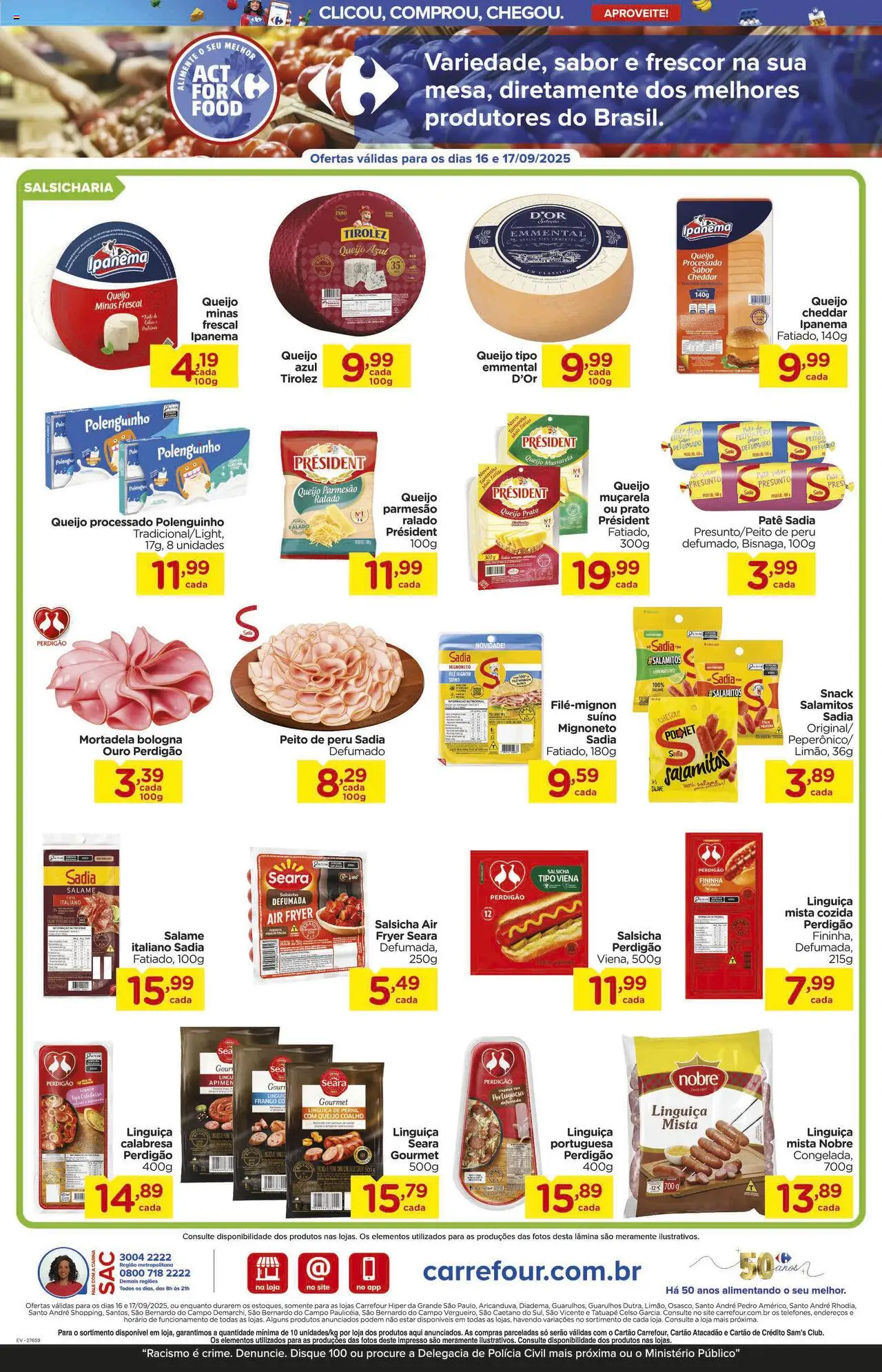 Carrefour Folheto - válido de 16.09.2025 | Página: 3 | Produtos: Linguiça, Presunto, Parmesão, Frango