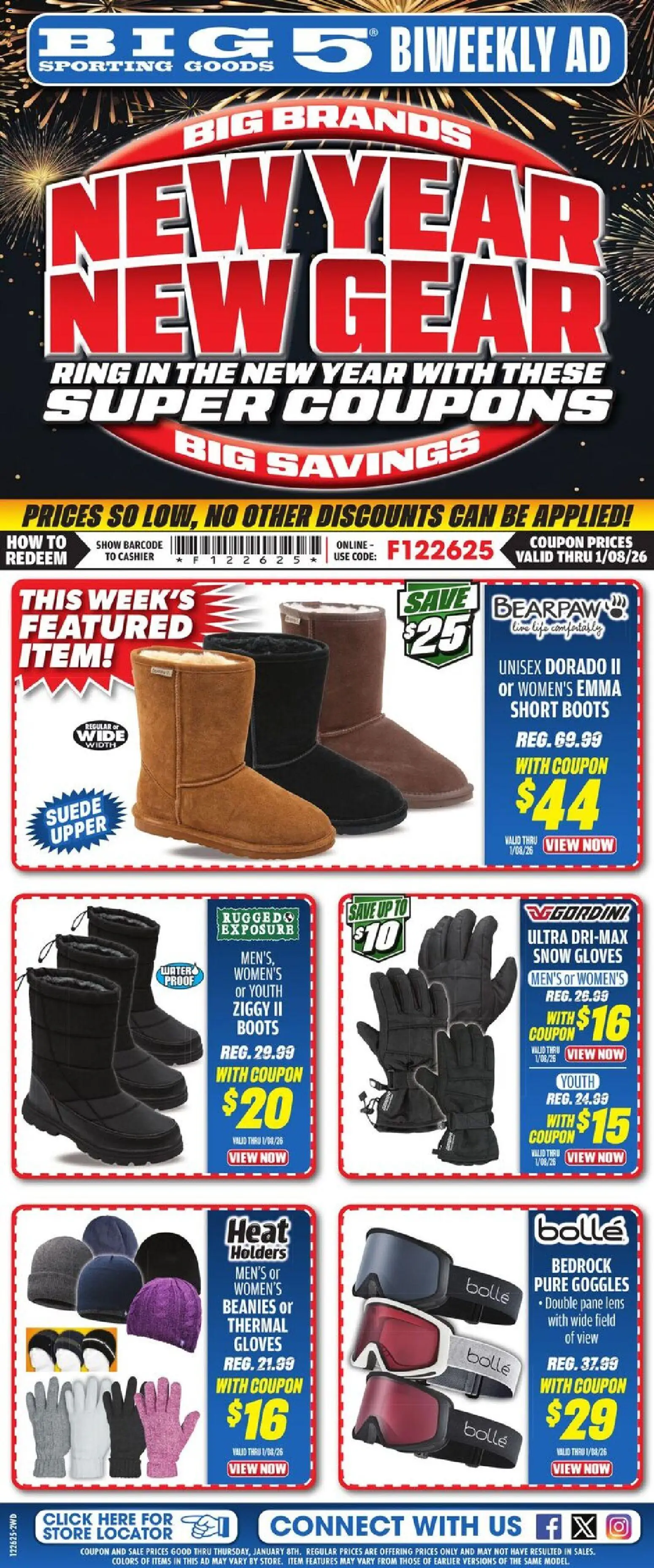 Big 5 Sporting Goods Weekly Ad - valid from 26.12.2025 | Page: 1 | Products: Ring, Water, Boots, Gloves
