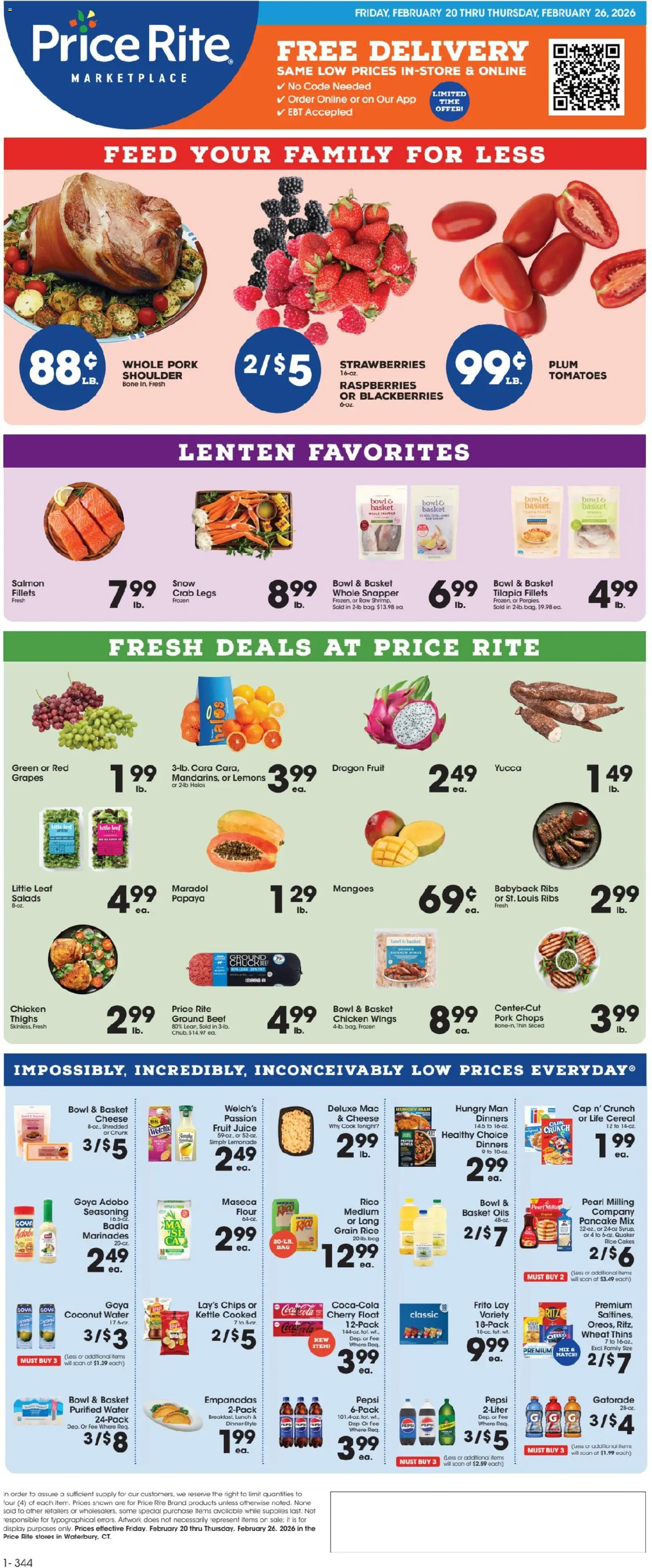 Price Rite Weekly Ad - valid from 19.02.2026 | Page: 1 | Products: Pork, Tomatoes, Cap, Kettle