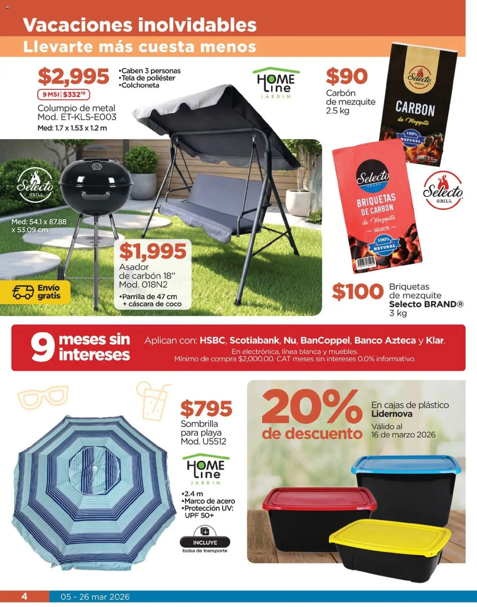 Nuevas ofertas de Chedraui válidas en toda la República Mexicana desde el 05.03.2026. ¡Encuentra las mejores ofertas en Chedraui folleto! | Página: 4 | Productos: Bolsa, Columpio, Banco, Sombrilla