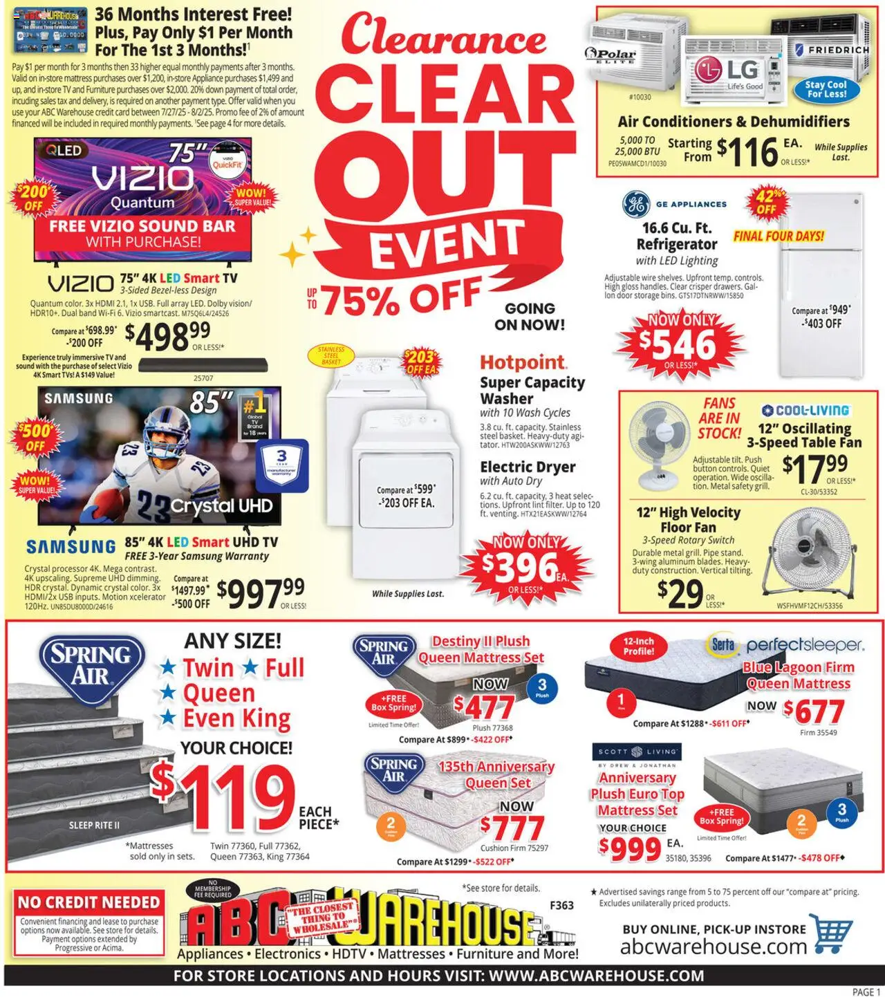 ABC Warehouse Weekly Ad - valid from 27.07.2025 | Page: 1 | Products: Mattress, Switch, Usb, Dryer