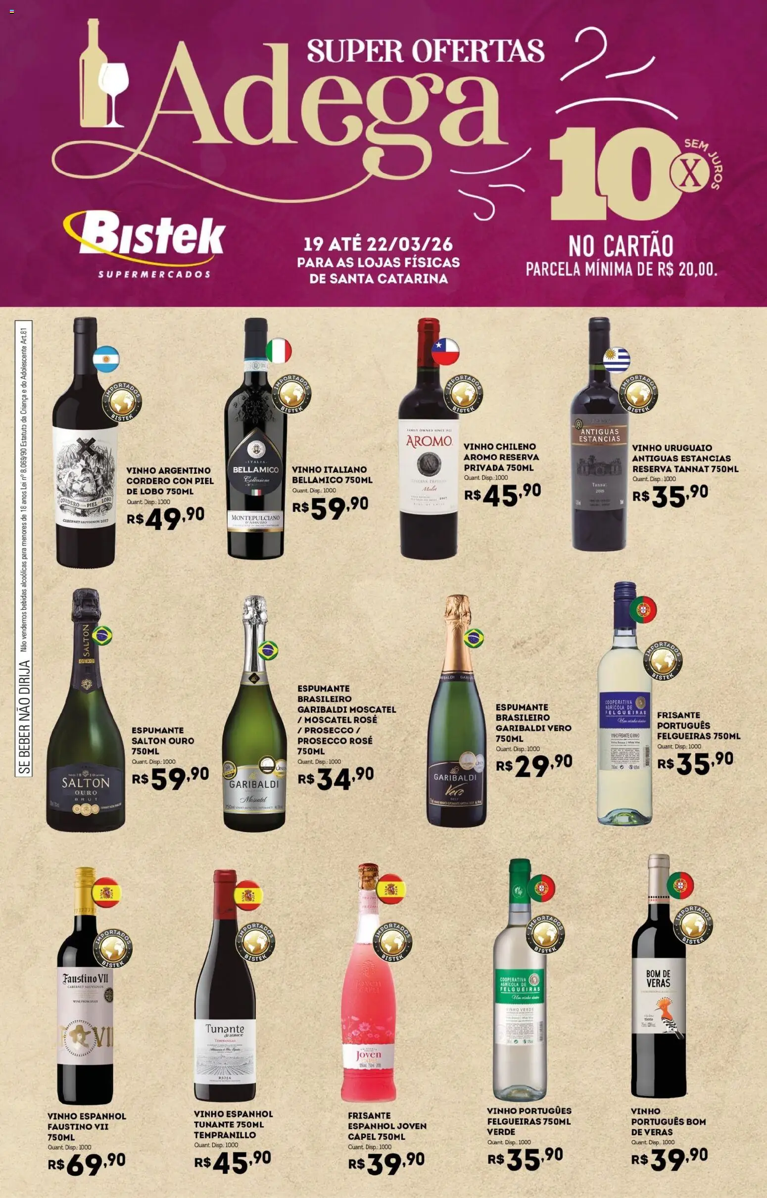 Bistek Supermercados ofertas Adega Folheto - válido de 19.03.2026 | Página: 1 | Produtos: Espumante, Vinho