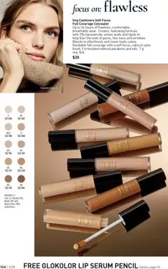 Preview of fmg Cashmere Soft Focus Full Coverage Concealer, Up to 24 hours of flawless, comfortable, breathable wear. Creamy, hydrating formula with 2% niacinamide, amino acids and lipids to help blur the look of pores, fine lines and wrinkles. Blends in effortlessly and never looks cakey. Buildable full coverage with a soft focus, natural satin finish. Formulated without parabens and talc. 7 g from shop Avon valid from 04.12.2025 | Page: 104