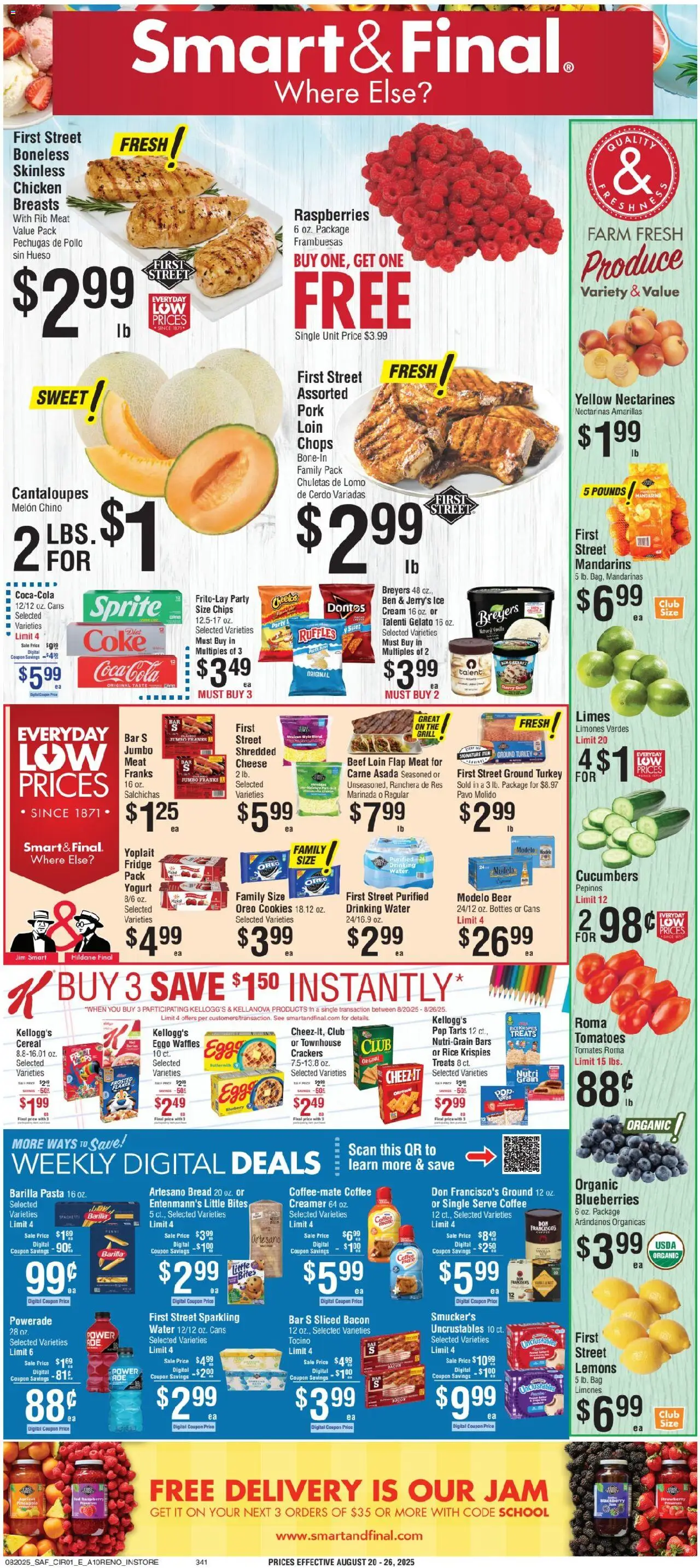 Smart & Final Weekly Ad - valid from 20.08.2025 | Page: 1 | Products: Pasta, Chips, Cucumbers, Ice cream
