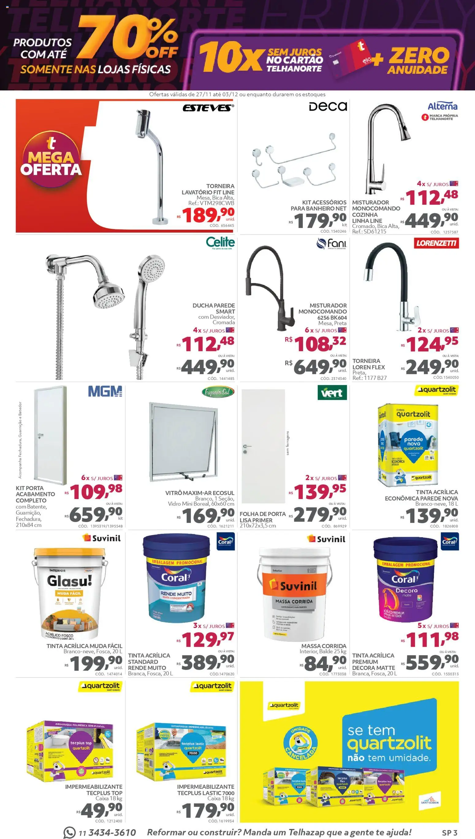 Telhanorte Folheto - válido de 27.11.2025 | Página: 3 | Produtos: Impermeabilizante, Massa, Torneira, Tinta