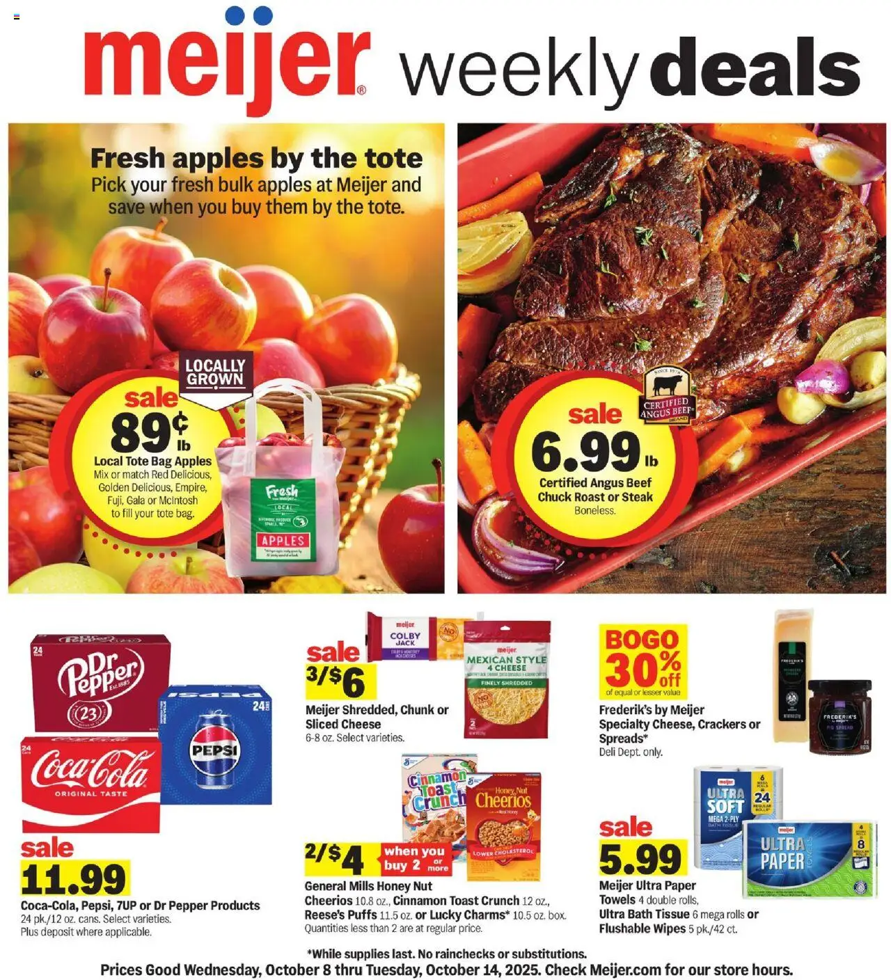 Meijer Weekly Ad - valid from 08.10.2025 | Page: 1 | Products: Cheese, Apples, Beef, Pepper