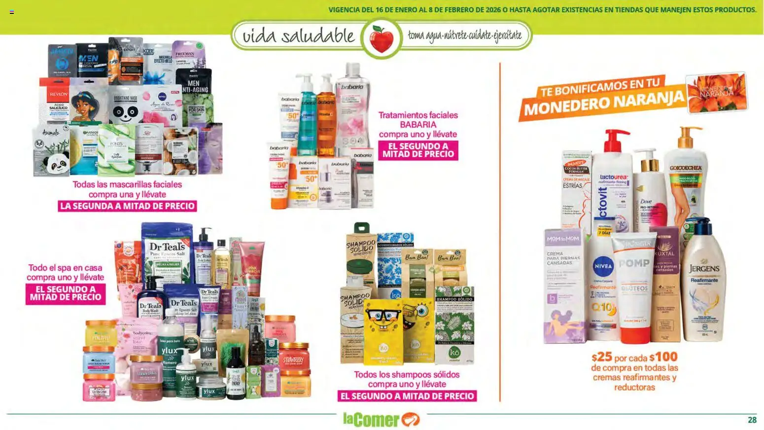 Nuevas ofertas de La Comer válidas en toda la República Mexicana desde el 16.01.2026. ¡Encuentra las mejores ofertas en La Comer folleto Vida Saludable! | Página: 28 | Productos: Crema, Monedero, Agua, Body