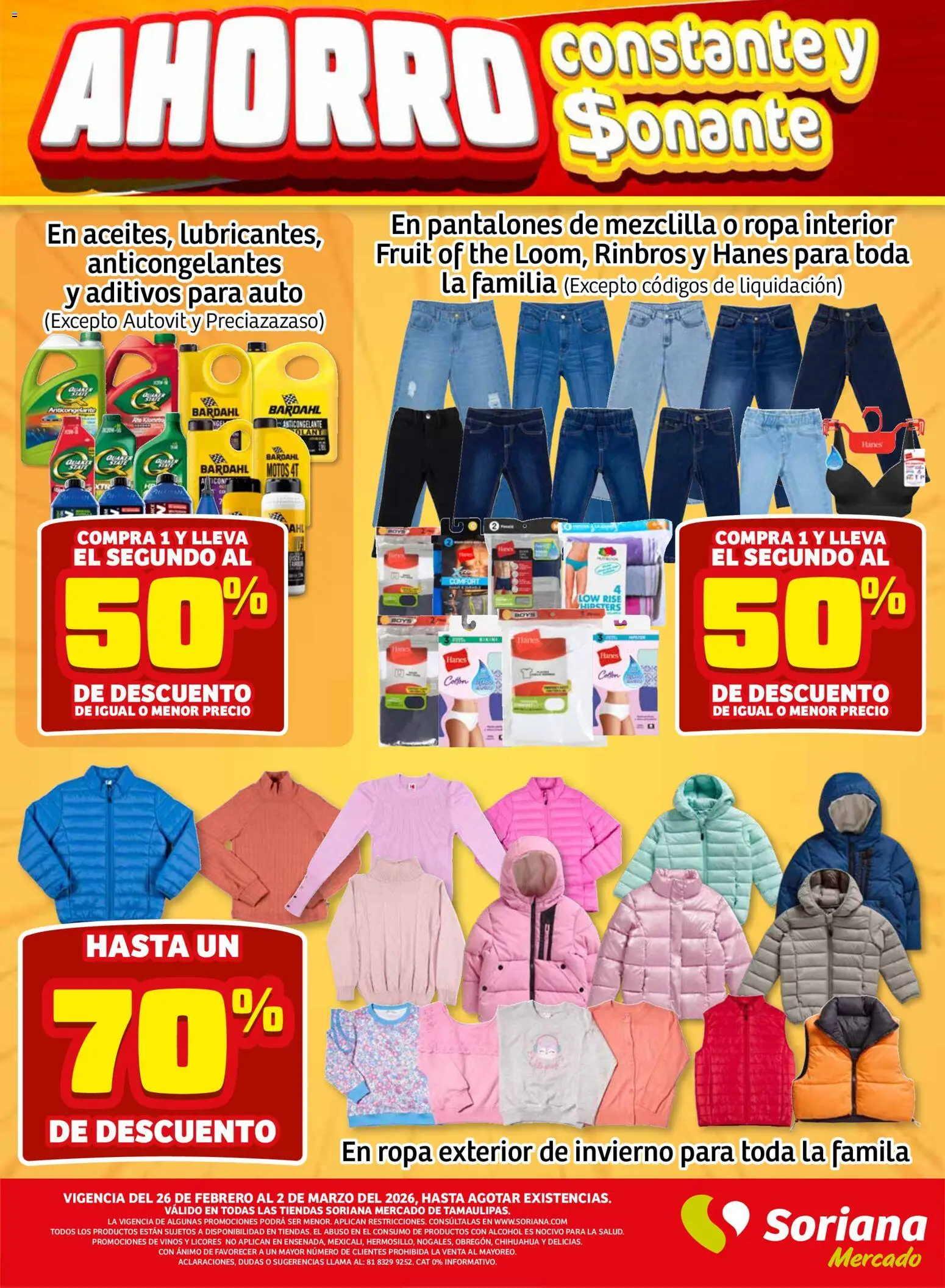 Nuevas ofertas de Soriana válidas en toda la República Mexicana desde el 26.02.2026. ¡Encuentra las mejores ofertas en Soriana - Fin de Semana Mercado: Tamaulipas! | Página: 8 | Productos: Pantalones, Ropa, Ropa interior, Pantalones de mezclilla