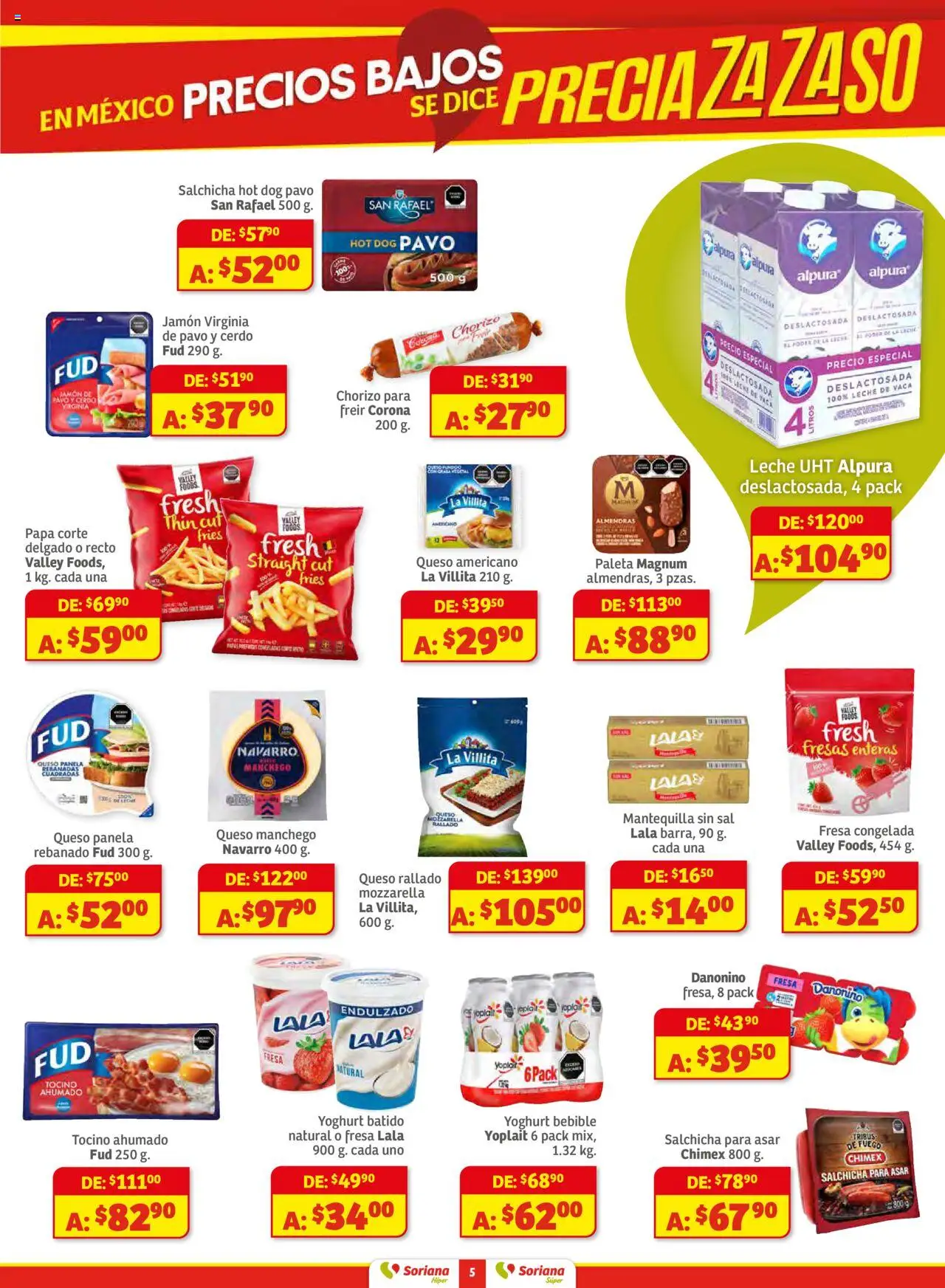 Nuevas ofertas de Soriana válidas en toda la República Mexicana desde el 14.08.2025. ¡Encuentra las mejores ofertas en Soriana - Preciazazaso Híper: Ags, Col, Gto, Jal, Mich! | Página: 5 | Productos: Fresa, Salchicha, Leche, Queso
