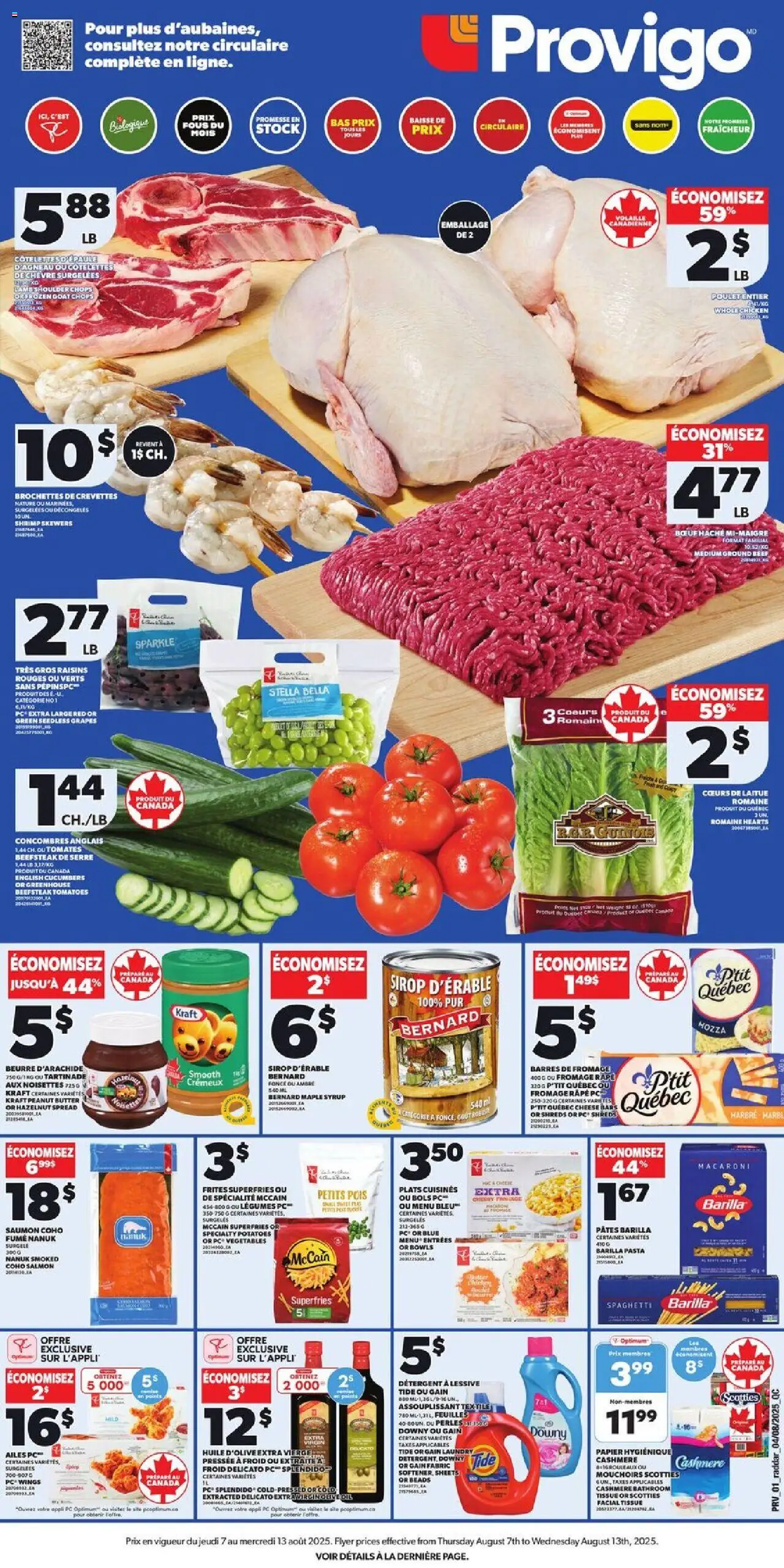 Provigo flyer valid from 07.08.2025 | Page: 1 | Products: Pasta, PC, Potatoes, Tomatoes