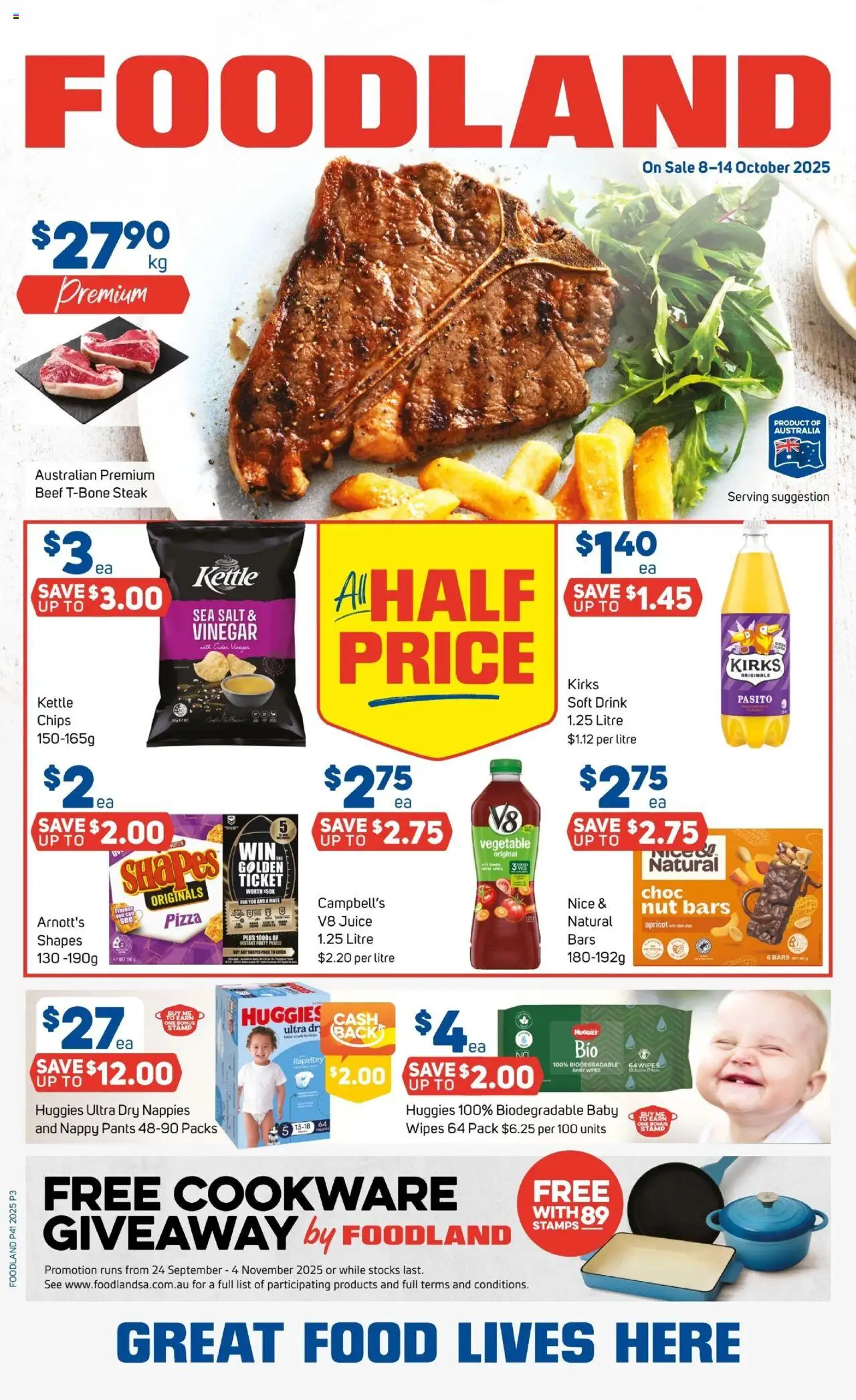 Foodland catalogue - valid from 08.10.2025 | Page: 1 | Products: Pizza, Pants, Steak, Kettle