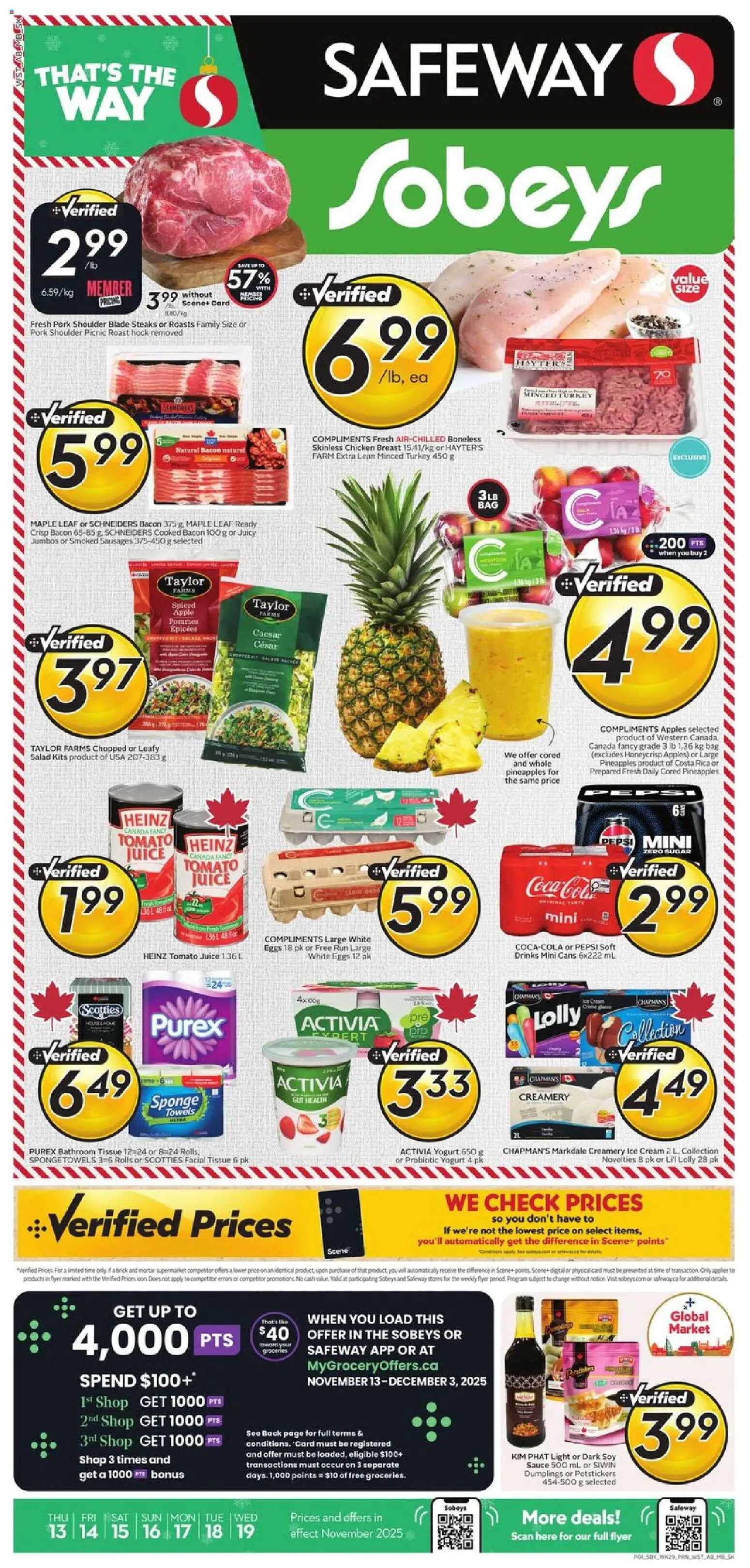 Safeway flyer valid from 13.11.2025 | Page: 1 | Products: Ice cream, Turkey, Juice, Apples