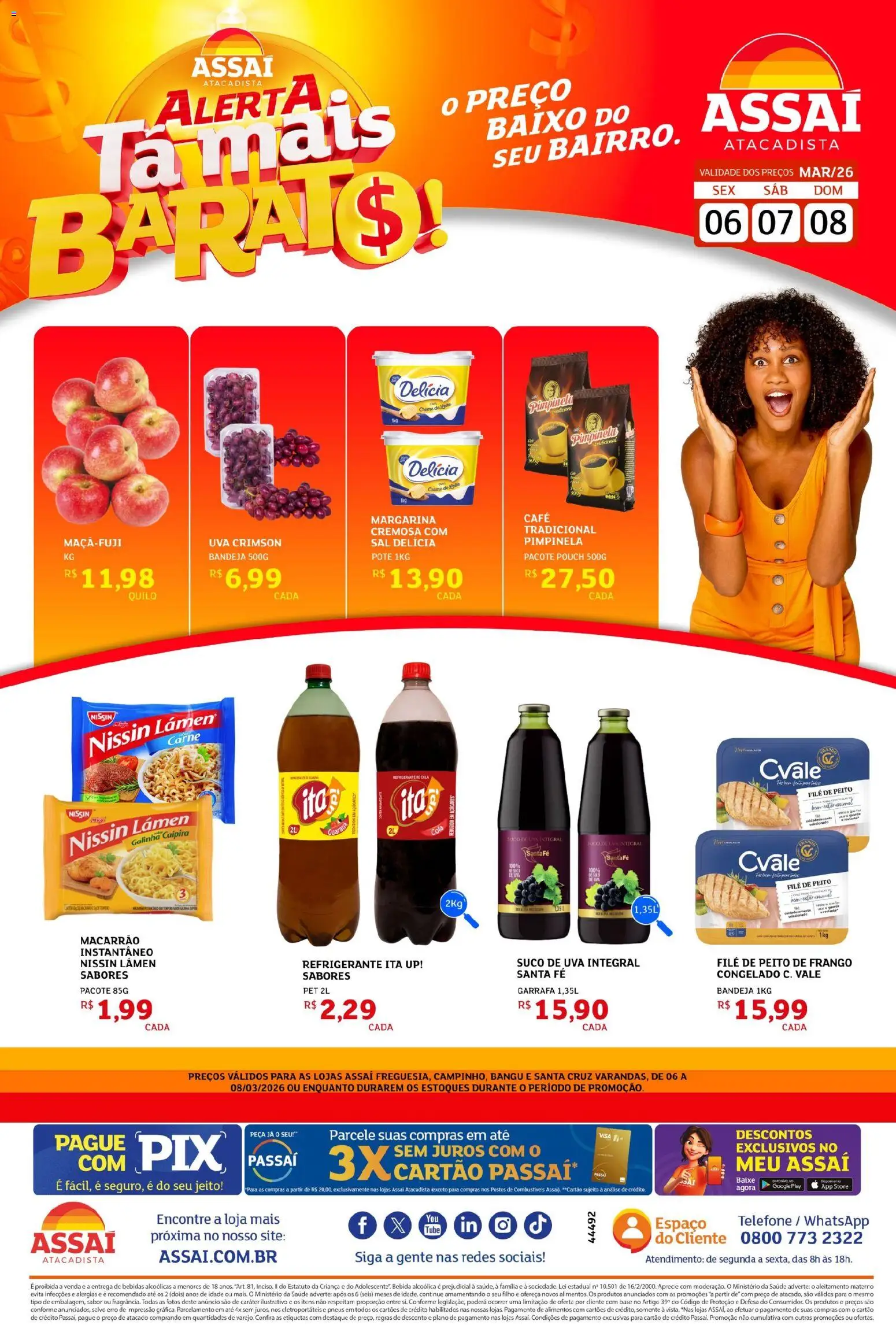 Assaí Atacadista Folheto - válido de 06.03.2026 | Página: 1 | Produtos: Base, Macarrão, Baixo, Telefone