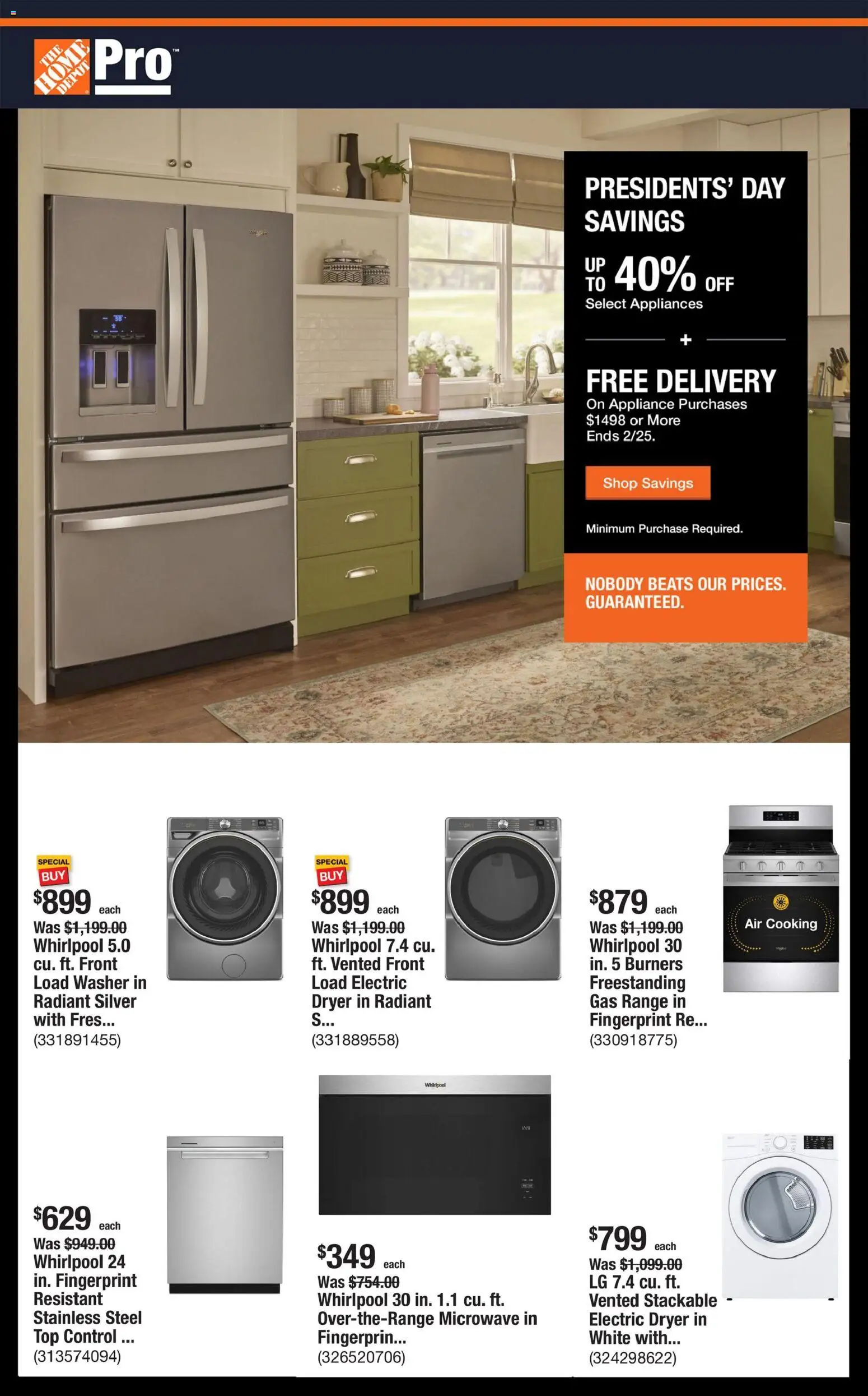 Home Depot Shop Pro Ad - CA - valid from 16.02.2026 | Page: 1 | Products: Microwave, Washer, Dryer