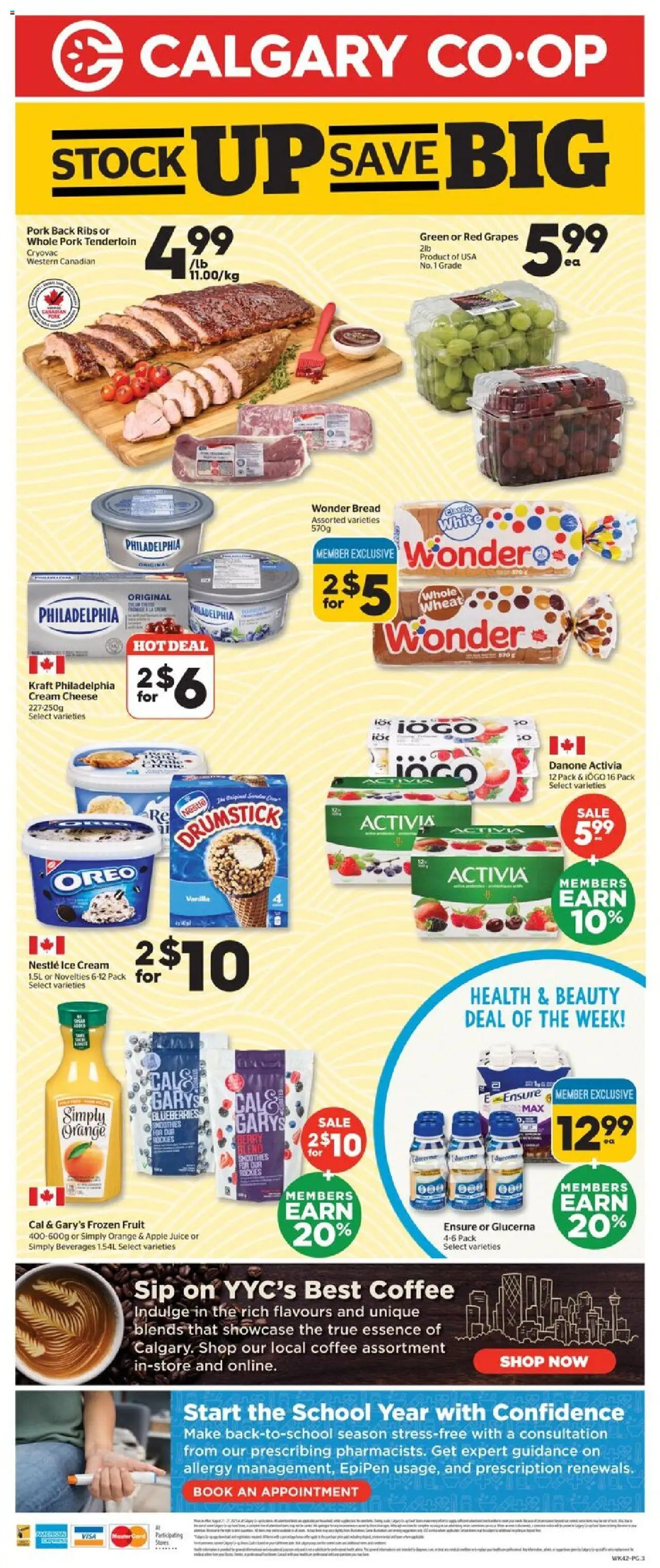 Calgary Co-op flyer valid from 21.08.2025 | Page: 3 | Products: Cheese, Coffee, Juice, Pork