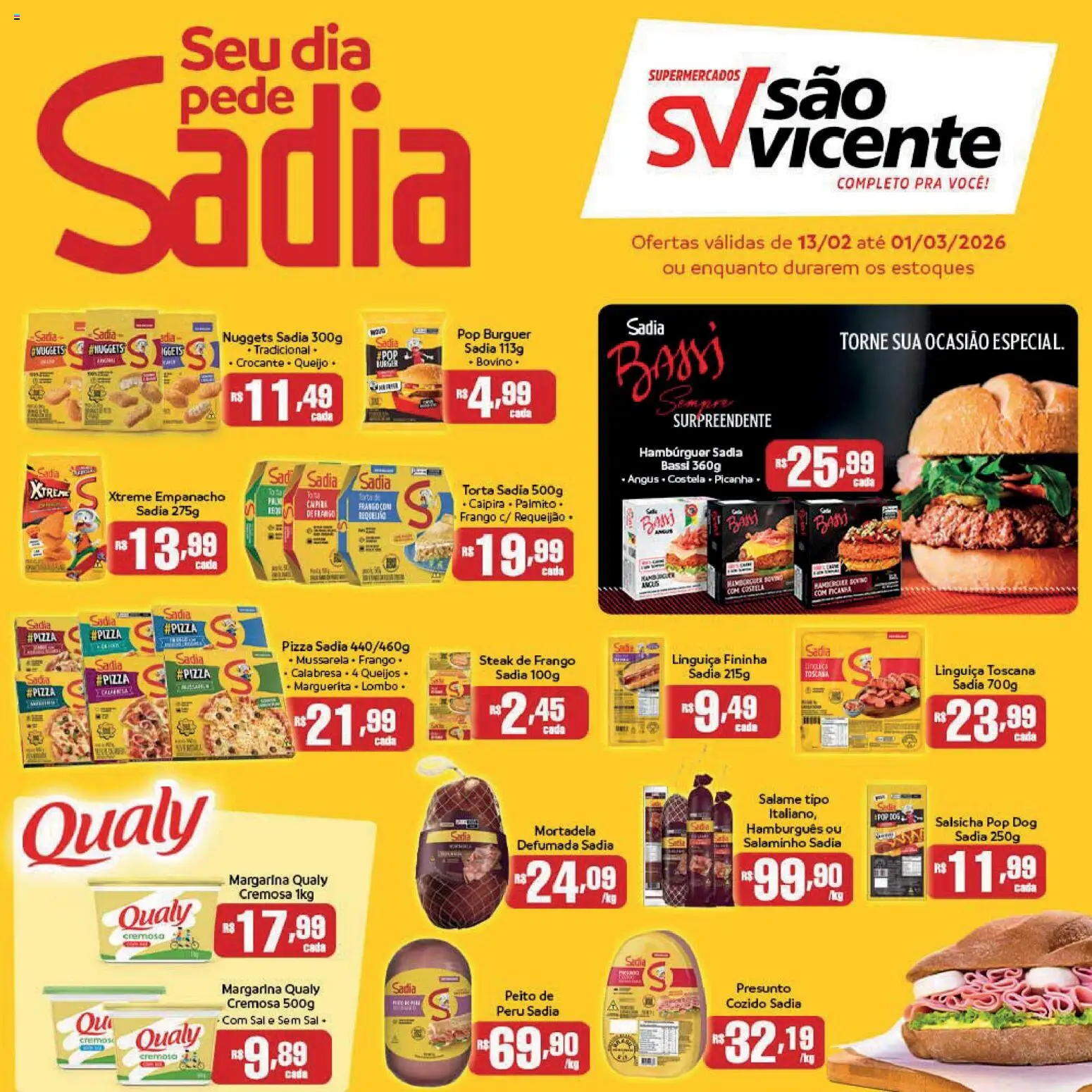 Supermercados São Vicente Folheto - válido de 13.02.2026 | Página: 1 | Produtos: Salsicha, Linguiça, Presunto, Hambúrguer