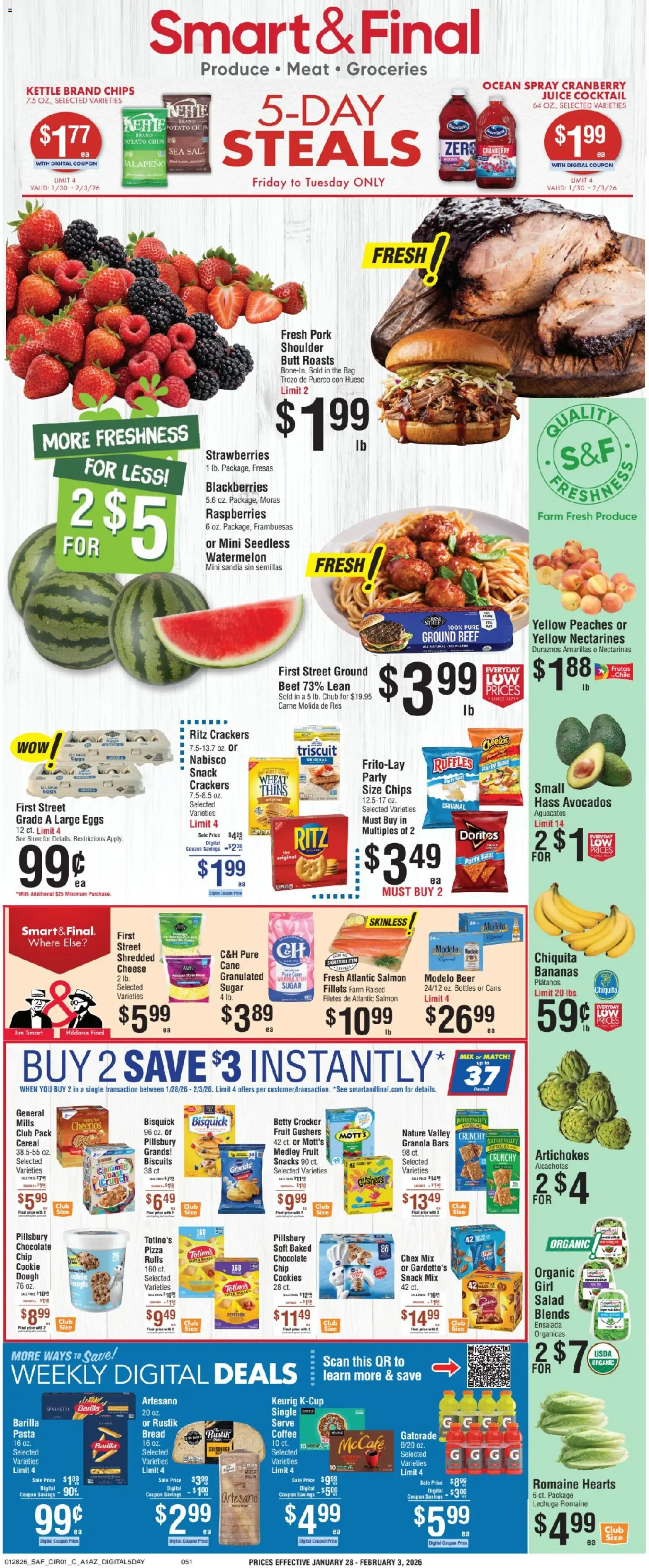 Smart & Final Weekly Ad - valid from 30.01.2026 | Page: 1 | Products: Romaine, Chocolate, Pork, Cookies