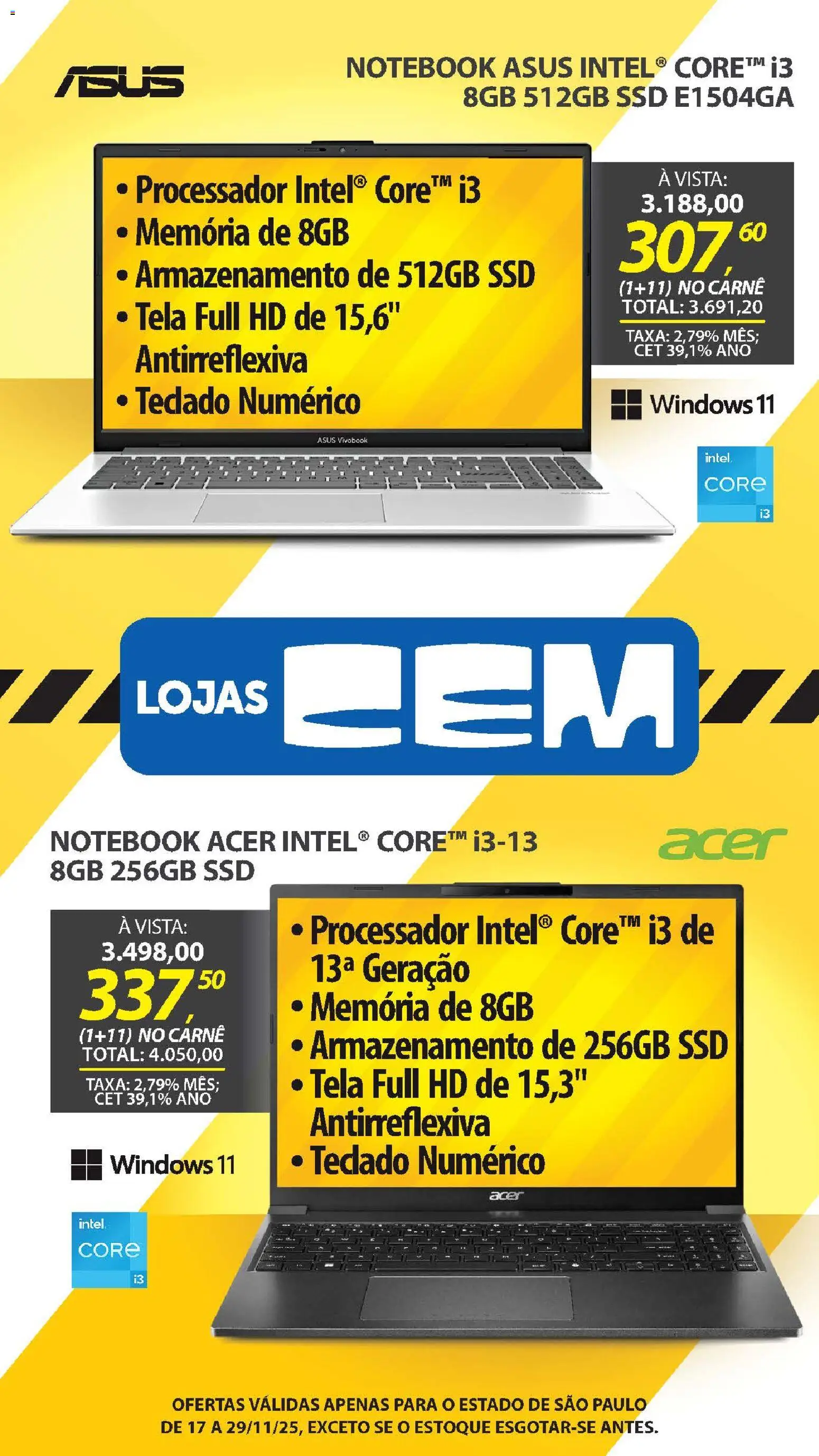 Lojas Cem Folheto - válido de 17.11.2025 | Página: 14 | Produtos: Notebook, Processador, Tela, Teclado