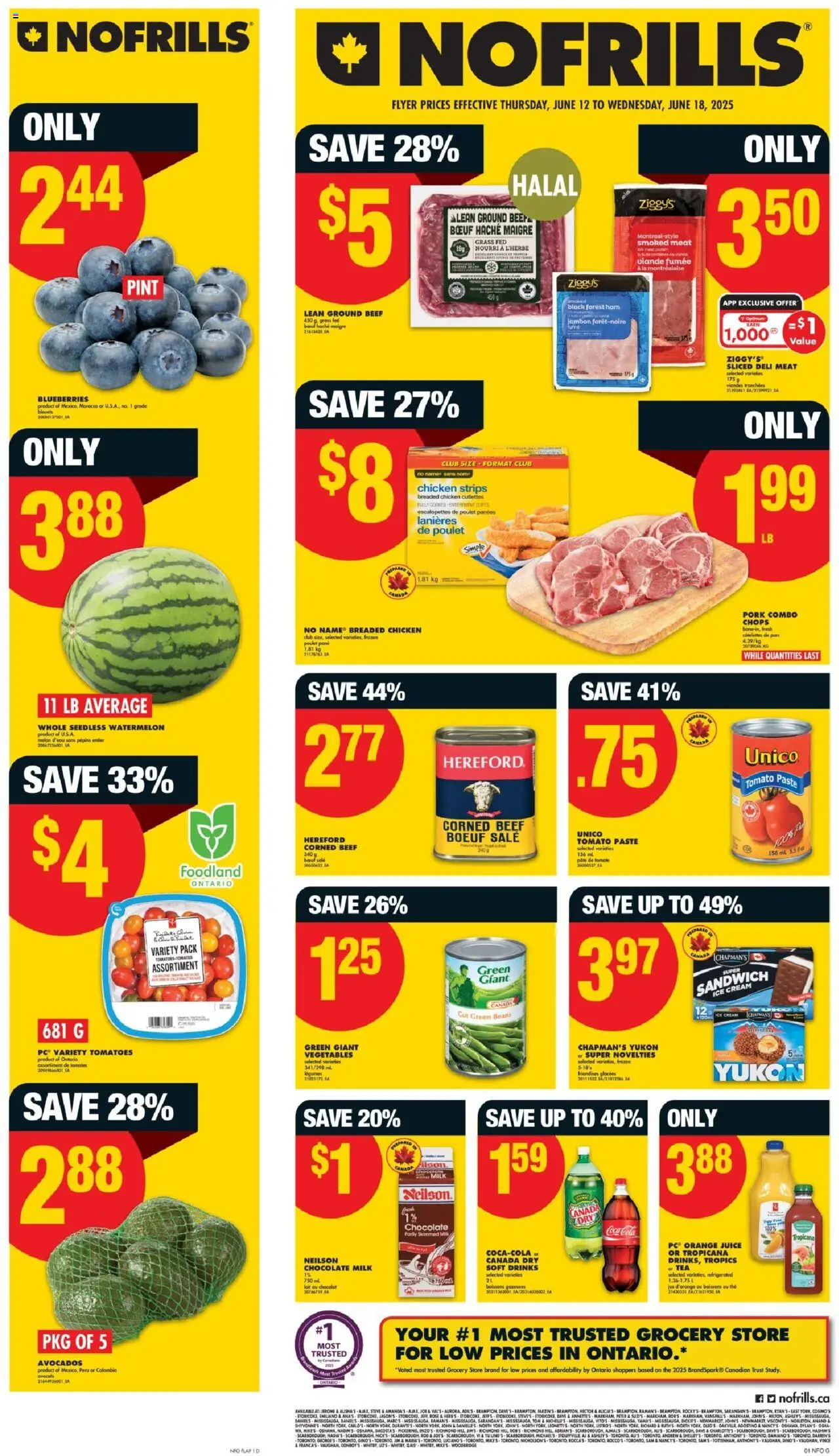No Frills flyer valid from 12.06.2025 | Page: 1 | Products: Cream, Milk, Juice, Pork