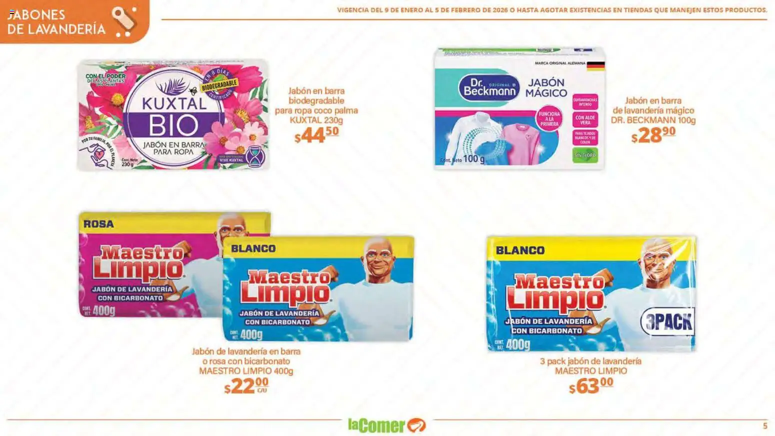 Nuevas ofertas de La Comer válidas en toda la República Mexicana desde el 09.01.2026. ¡Encuentra las mejores ofertas en La Comer folleto Limpia Desinfecta Organiza Ahorra! | Página: 5 | Productos: Ropa, Barra, Té, Jabón