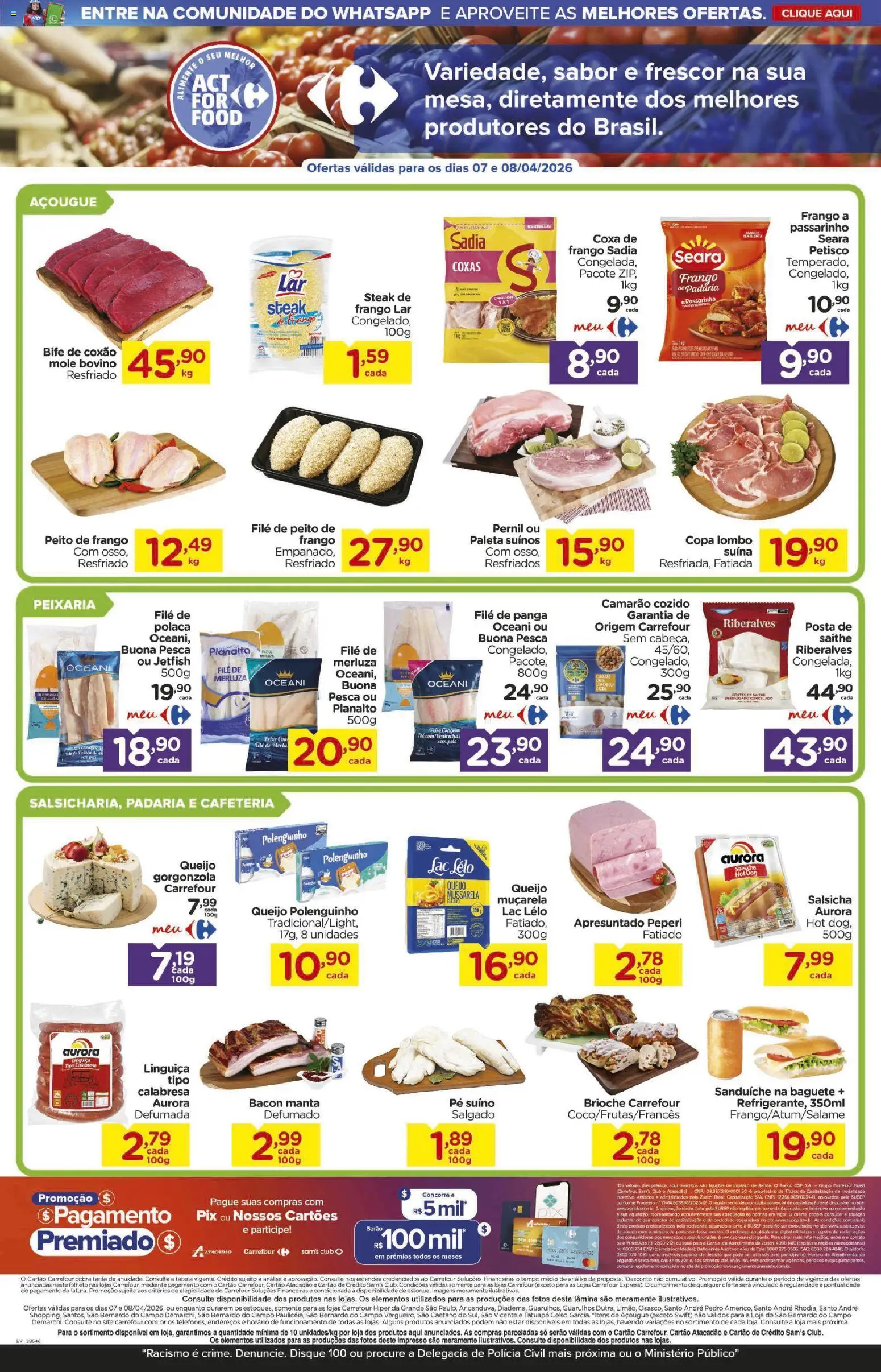 Carrefour Folheto - válido de 07.04.2026 | Página: 2 | Produtos: Salsicha, Linguiça, Peixe, Peito de frango