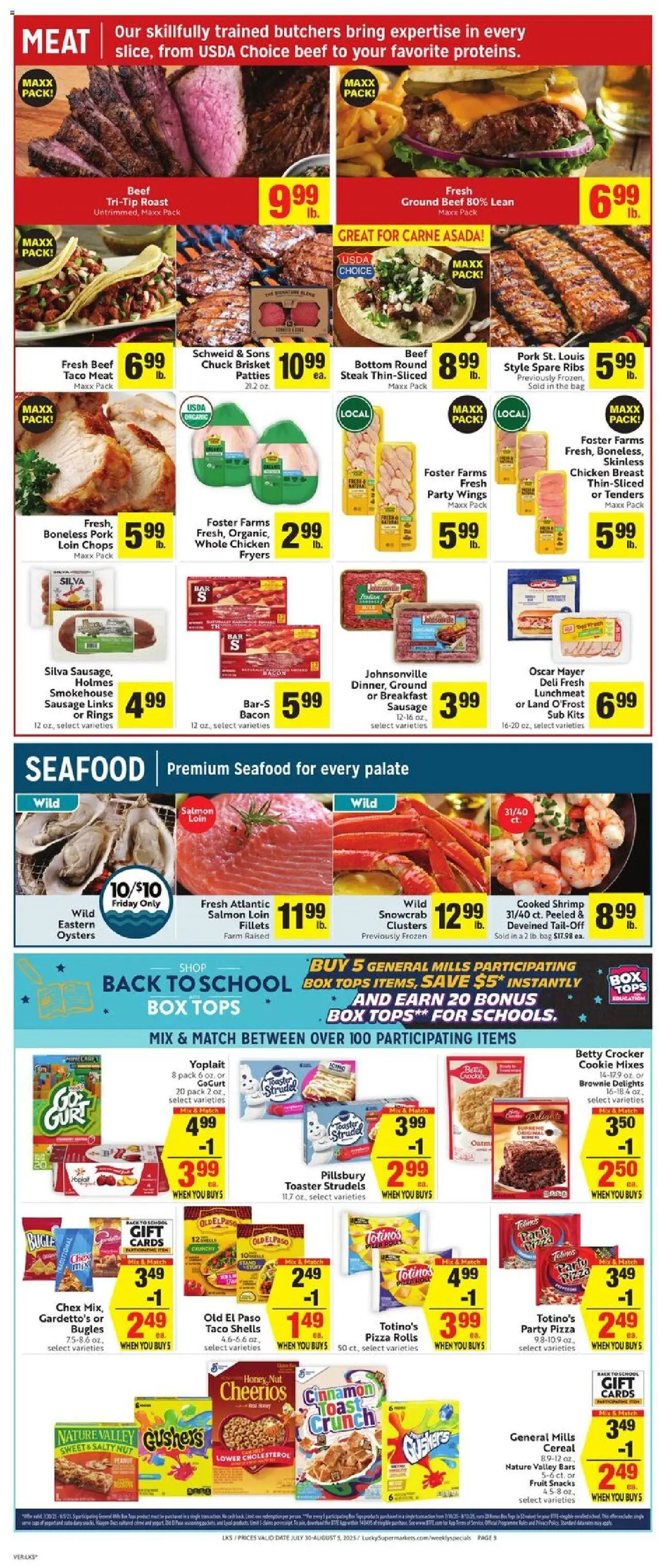 Lucky Supermarkets Weekly - CA - valid from 30.07.2025 | Page: 3 | Products: Pizza, Beef, Seafood, Sausage