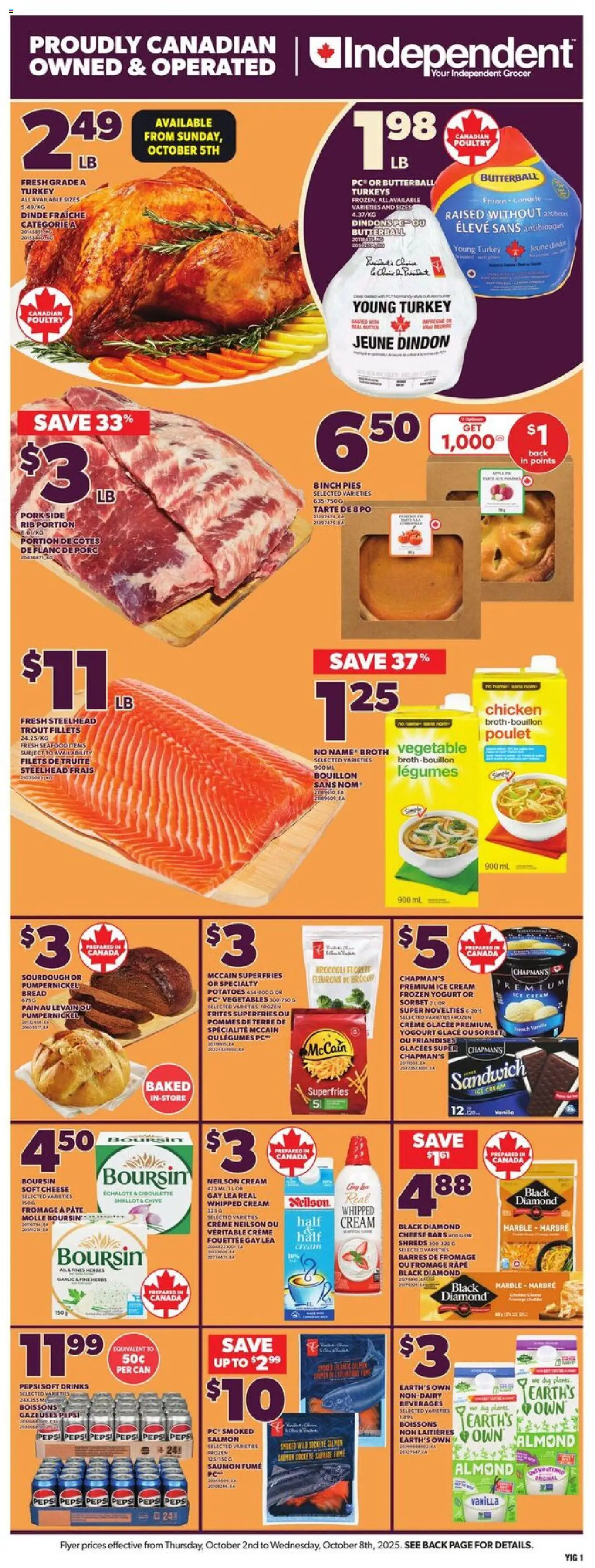 Independent Grocer flyer valid from 02.10.2025 | Page: 3 | Products: Turkey, Potatoes, Chicken, Pork