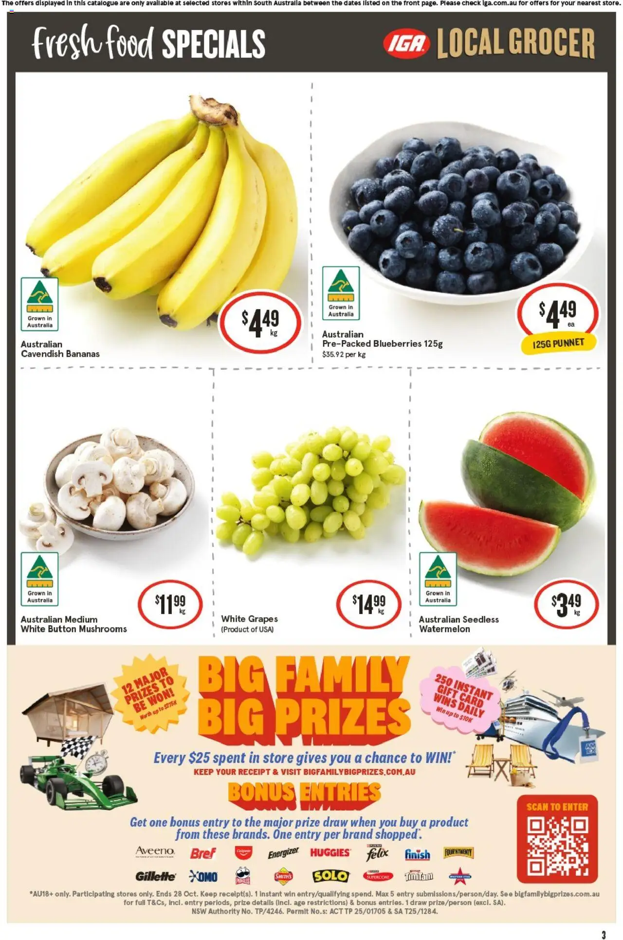 IGA catalogue - valid from 08.10.2025 | Page: 3 | Products: Bananas, Mushrooms, Grapes, Blueberries