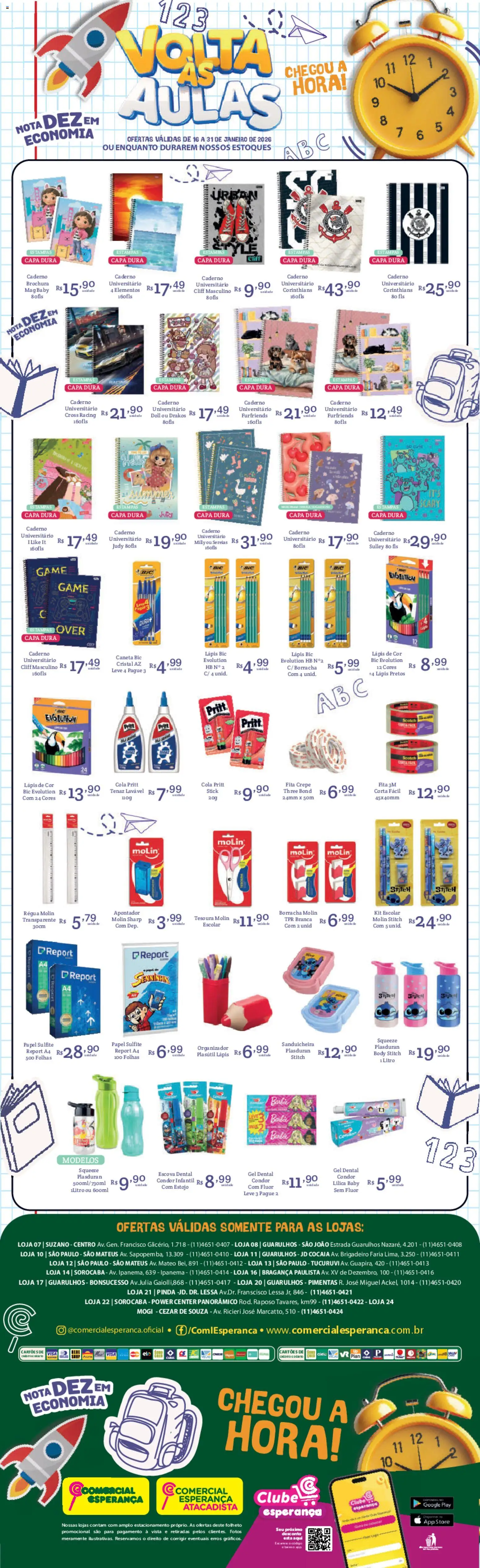 Comercial Esperança Folheto - válido de 16.01.2026 | Página: 1 | Produtos: Lápis de cor, Papel sulfite, Cola, Caderno
