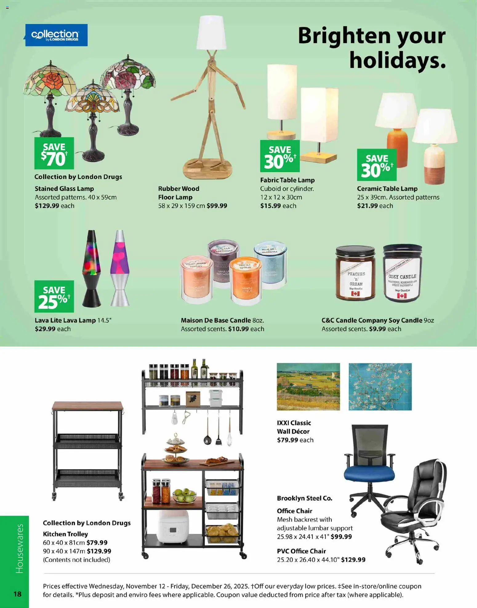 London Drugs flyer valid from 12.11.2025 | Page: 18 | Products: Table, Chair, Lamp