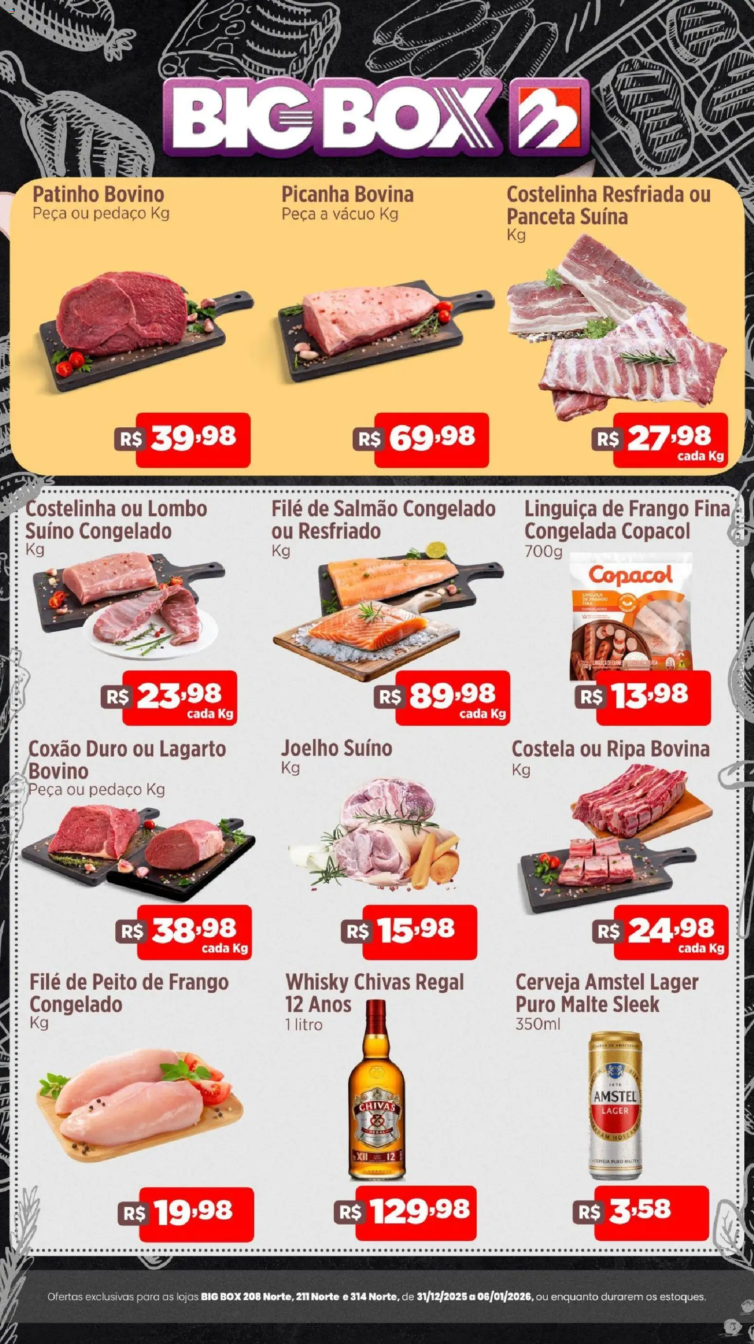 Big Box Folheto - válido de 31.12.2025 | Página: 1 | Produtos: Salmão, Whisky, Linguiça, Frango