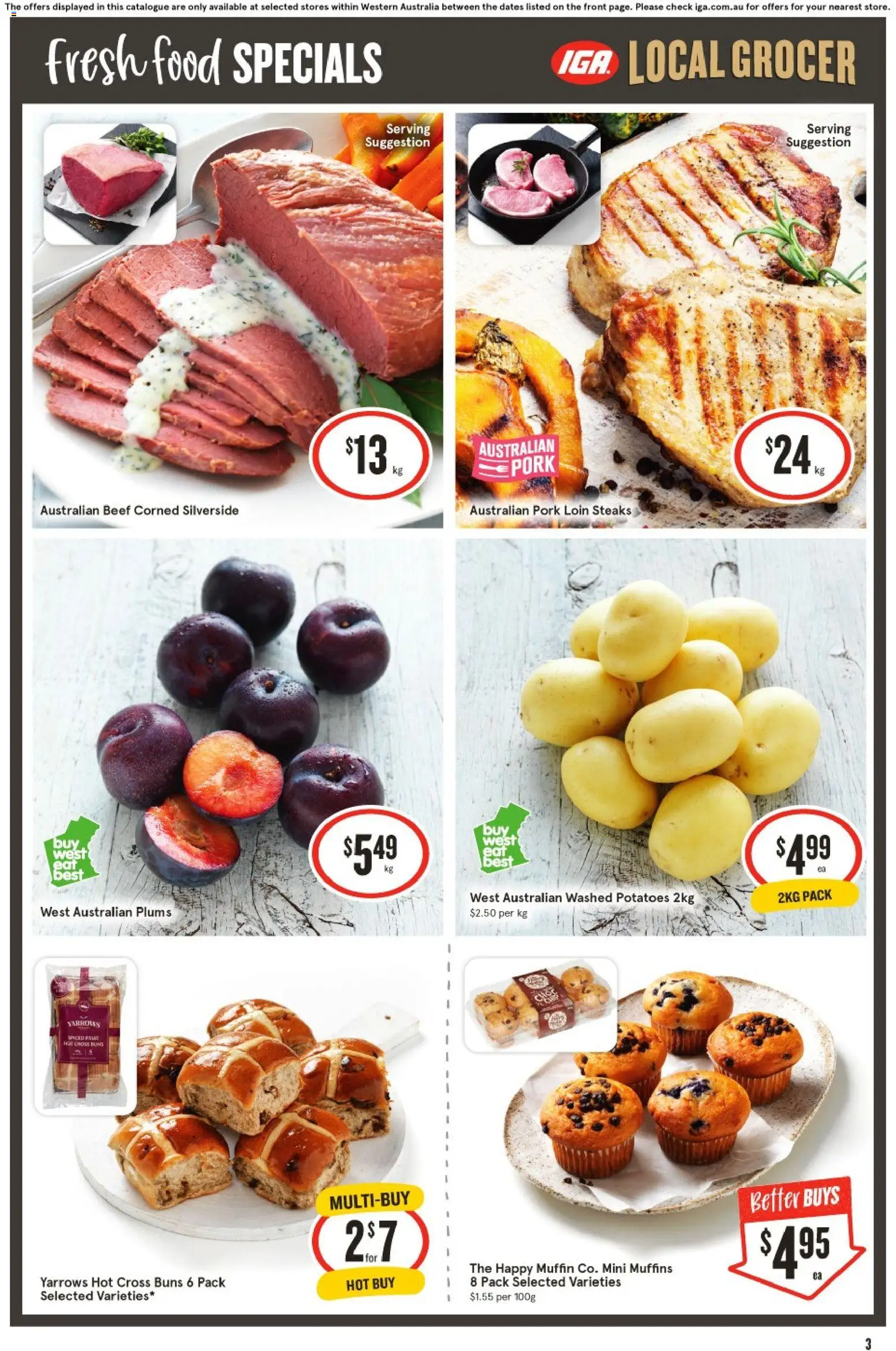 IGA catalogue - valid from 11.03.2026 | Page: 3 | Products: Pork, Muffins, Beef, Potatoes