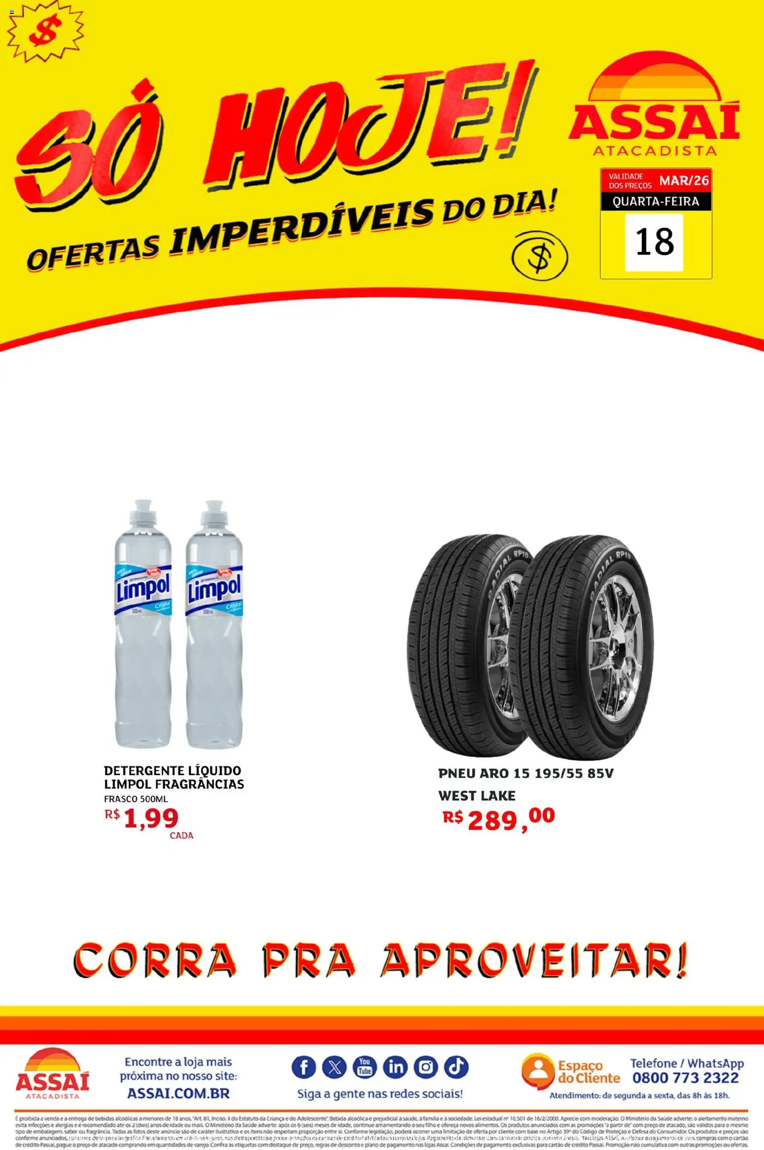 Assaí Atacadista Folheto - válido de 18.03.2026 | Página: 1 | Produtos: Pneu, Detergente, Base, Bebida