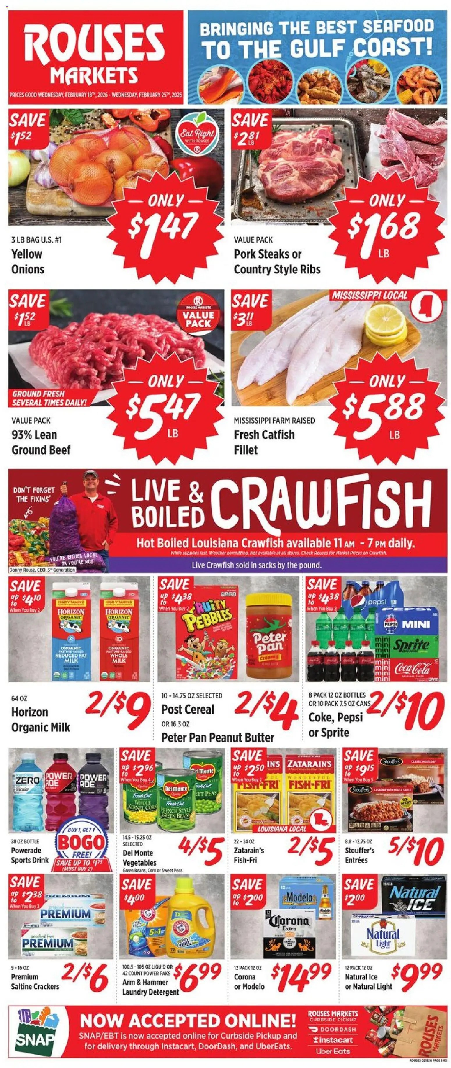 Rouses Weekly Ad - MS - valid from 18.02.2026 | Page: 1 | Products: Butter, Beef, Detergent, Seafood