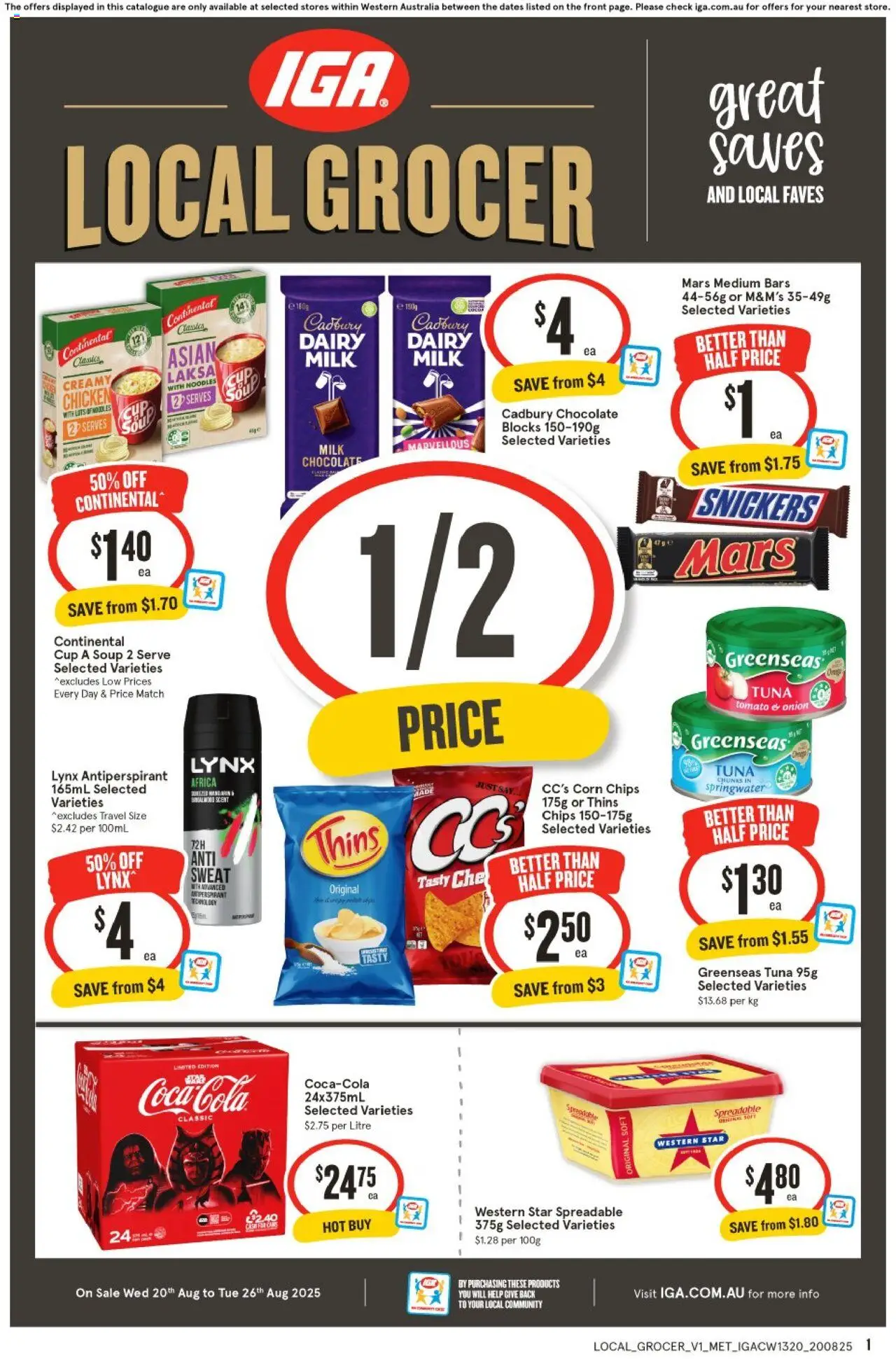 IGA catalogue - valid from 20.08.2025 | Page: 1 | Products: Milk, Antiperspirant, Soup, Tuna