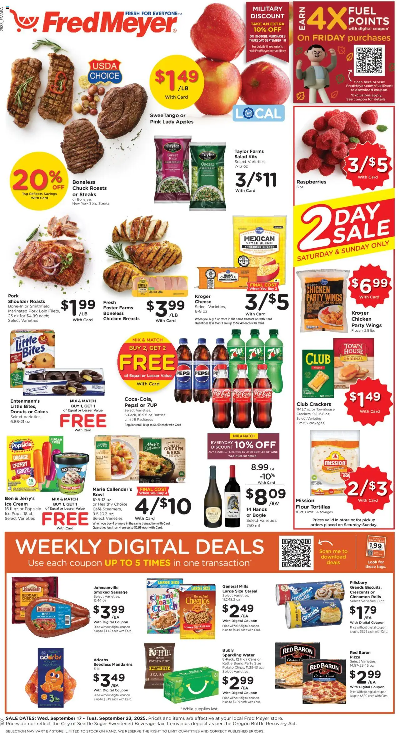 Fred Meyer Weekly Ad - valid from 17.09.2025 | Page: 1 | Products: Pork, Cream, Water, Sausage