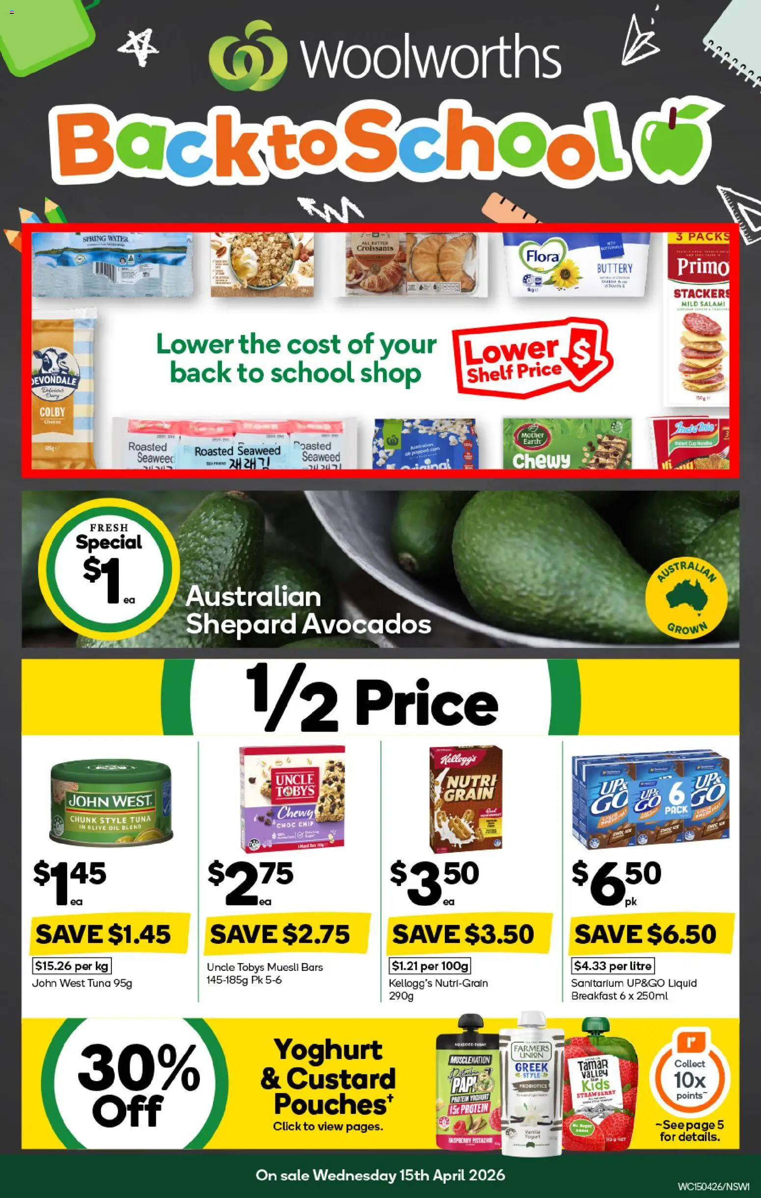 Woolworths catalogue - valid from 15.04.2026 | Page: 1 | Products: Shelf, Cheese, Water, Raspberry