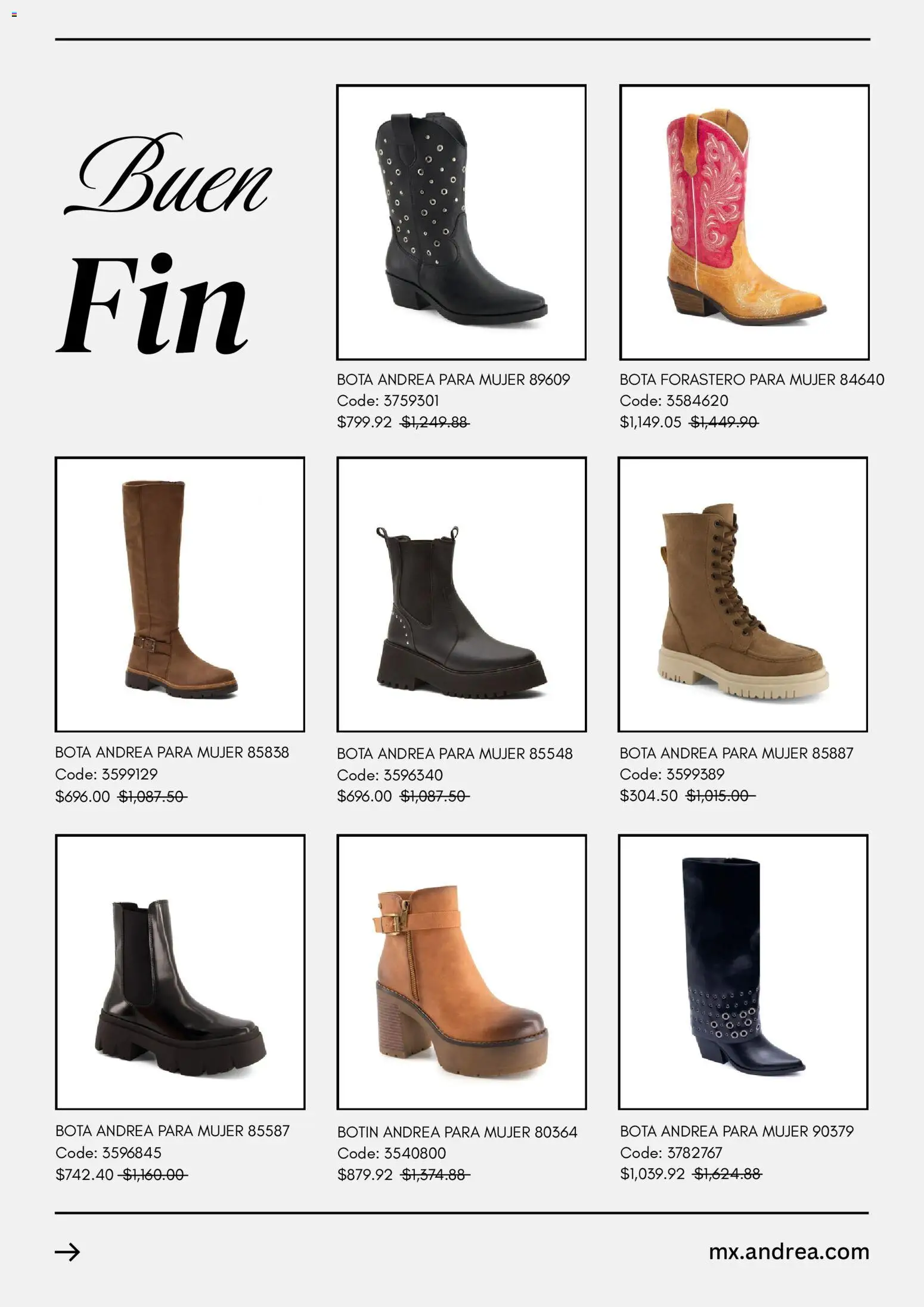 Nuevas ofertas de Andrea válidas en toda la República Mexicana desde el 13.11.2025. ¡Encuentra las mejores ofertas en Andrea Buen Fin ! | Página: 3 | Productos: Botín