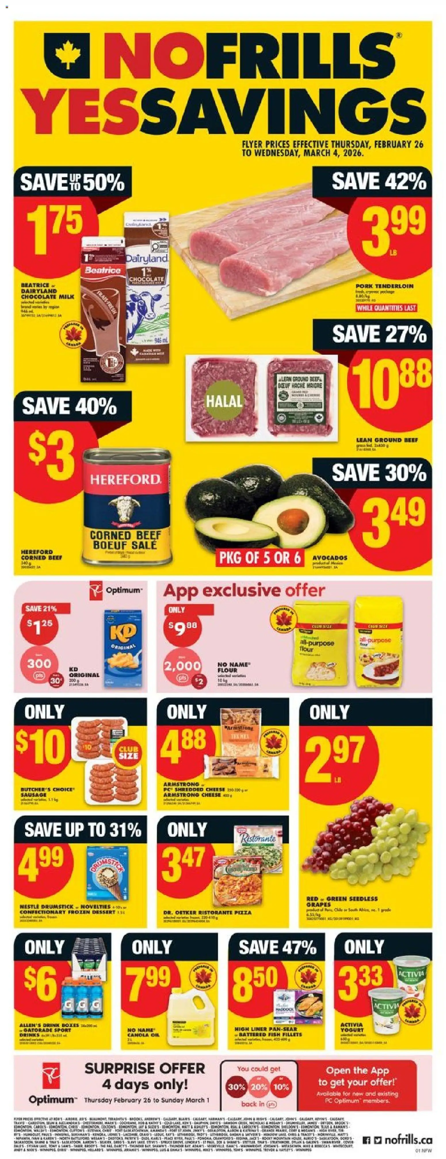 No Frills flyer valid from 26.02.2026 | Page: 1 | Products: PC, Cheese, Yogurt, Pork