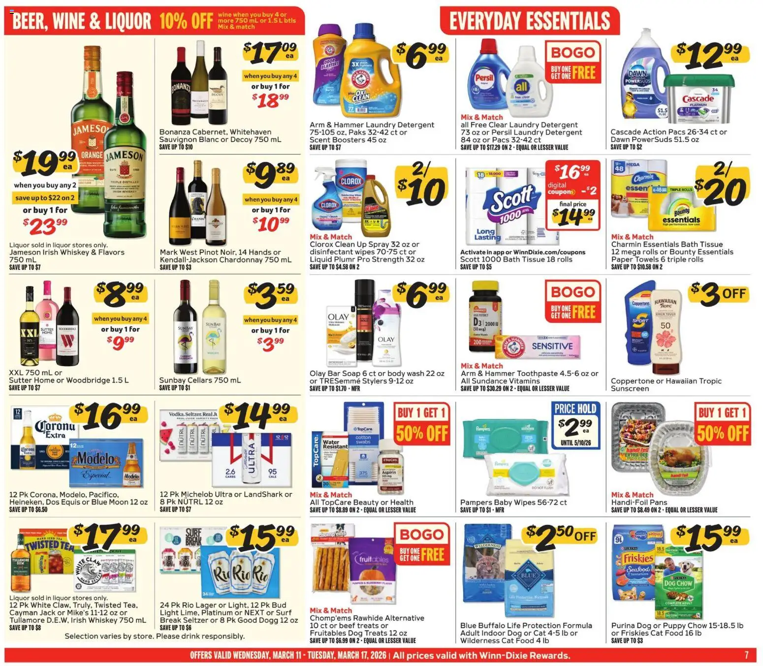 Winn Dixie Weekly Ad - valid from 11.03.2026 | Page: 7 | Products: Dog Treats, Hammer, Wine, Seafood