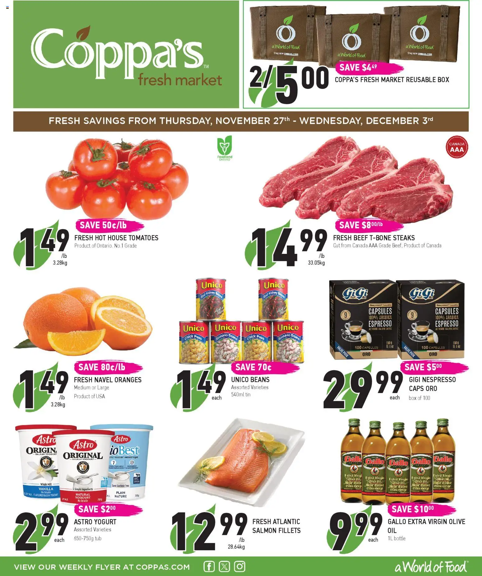 Coppas Fresh Market flyer valid from 27.11.2025 | Page: 1 | Products: Beef, Milk, Yogurt, Oil
